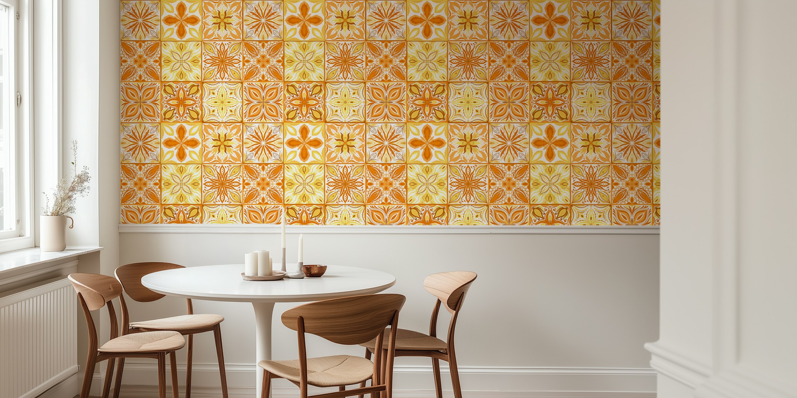 Ornate tiles in orange and yellow papel pintado en la habitación