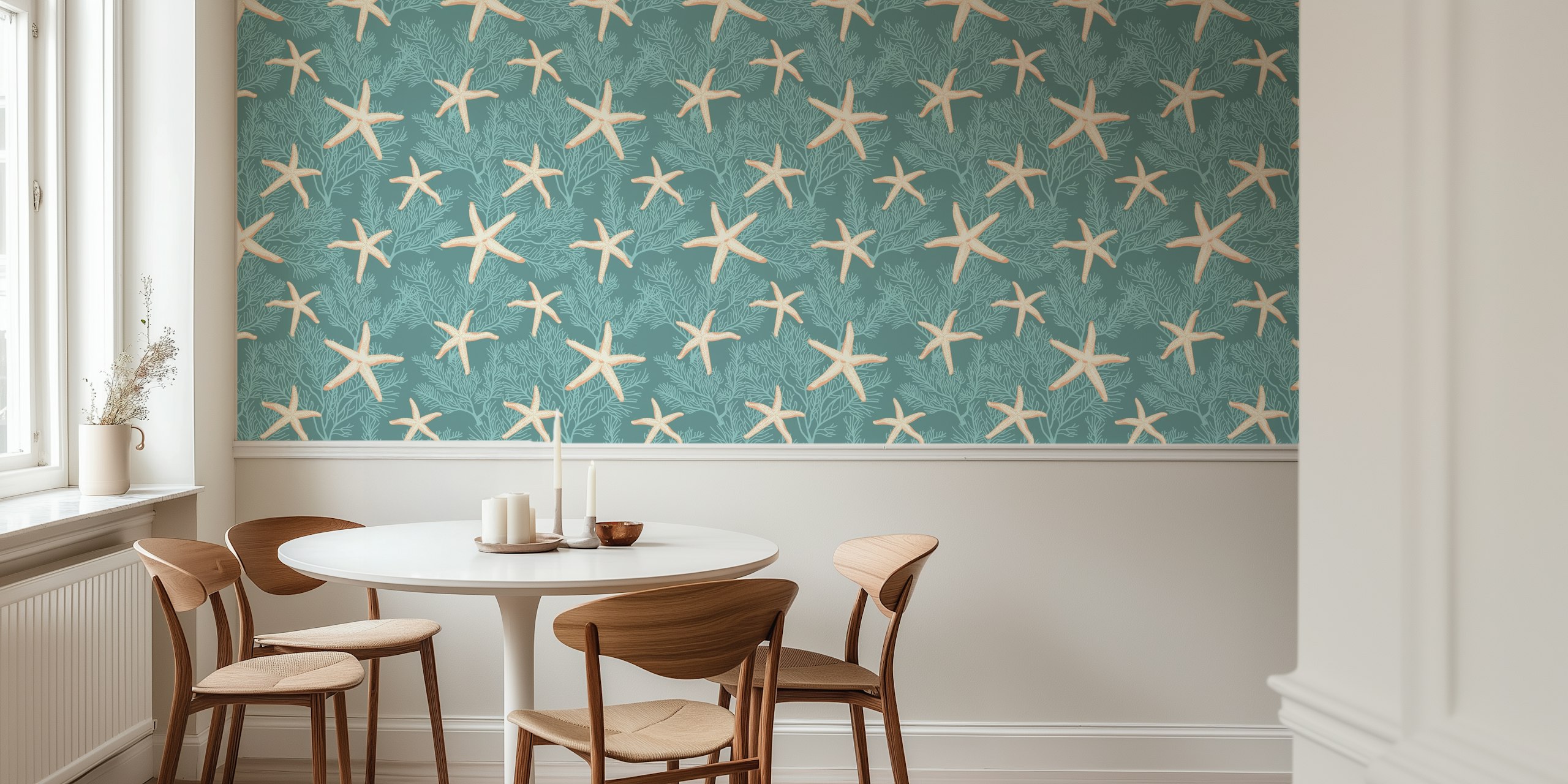 Tropical starfish pattern on light opal green wallpaper