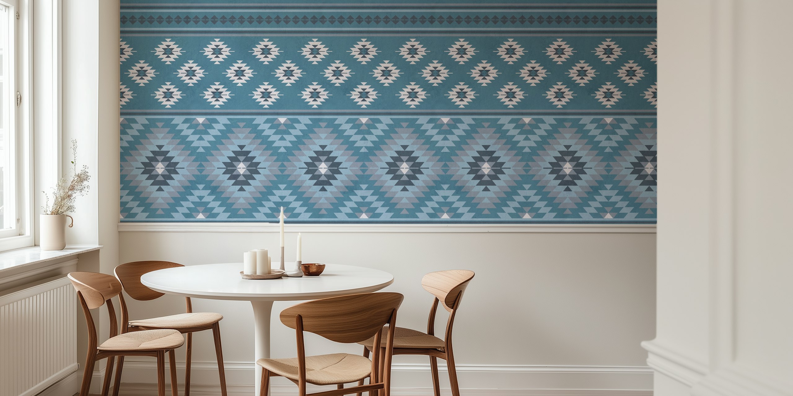 Kilim striped pattern in slate denim blue with geometric shapes wallpaper