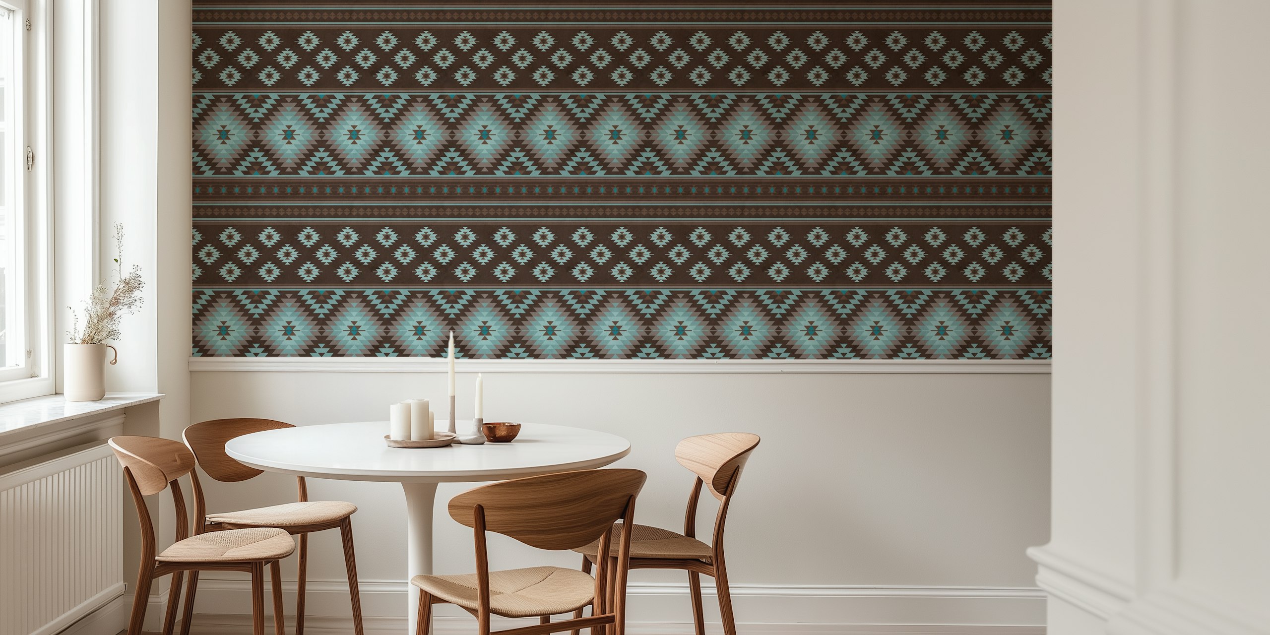 Kilim stripes in brown and blue wallpaper in a room