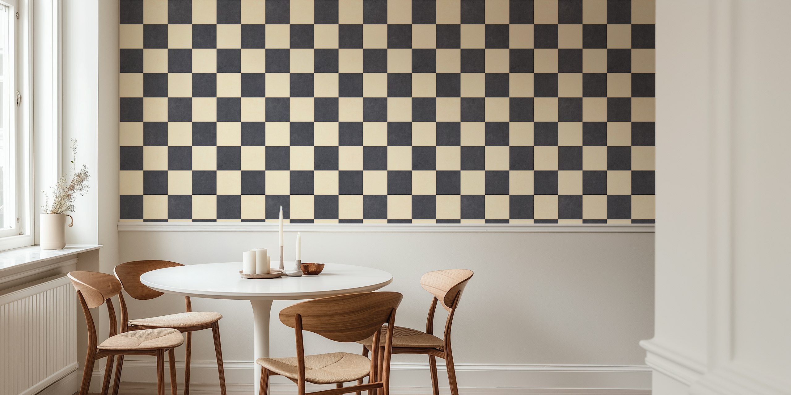 Checkerboard pattern in black and beige wallpaper