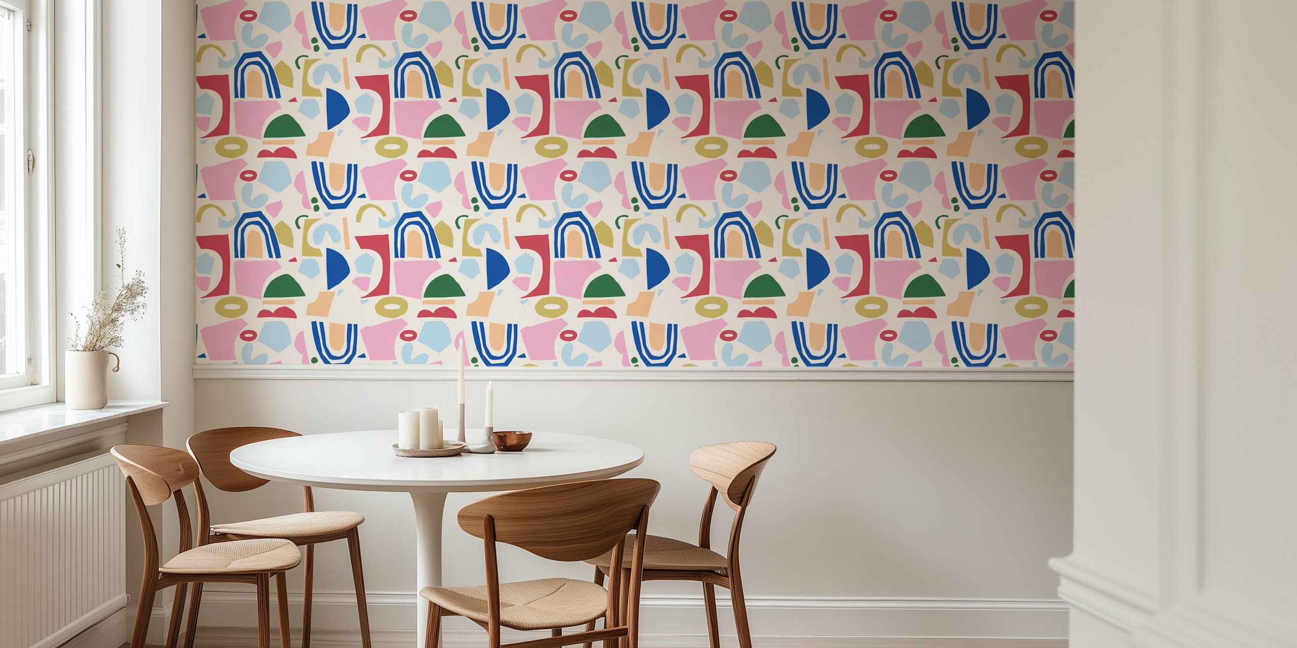 Multicolored abstract shapes in pink, blue, green, and yellow wallpaper
