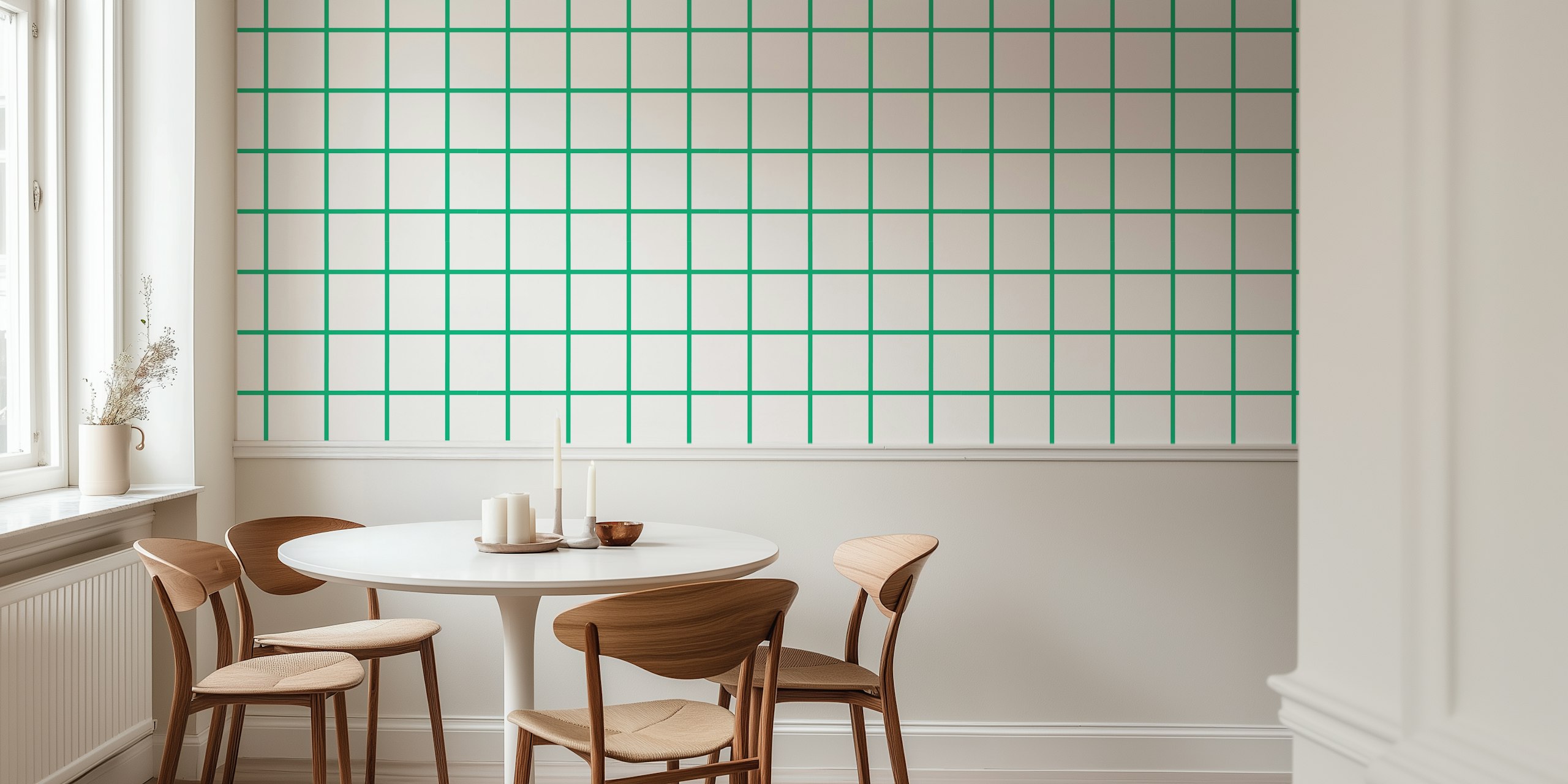 Fototapeta ze wzorem siatki z zielonymi liniami na białym tle, nadająca nowoczesny i czysty wygląd.