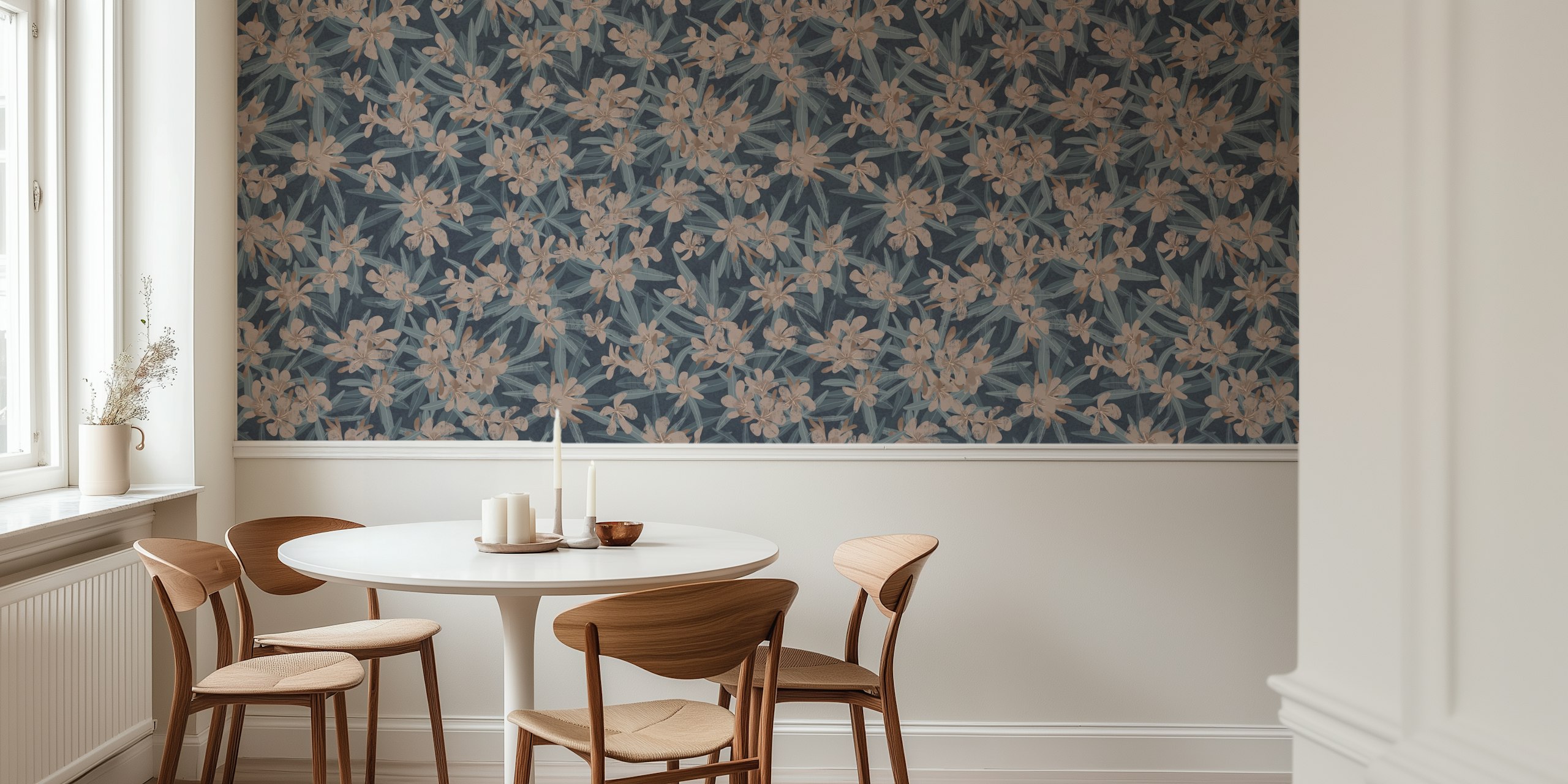 Oleander blue & taupe floral wallpaper in a room.
