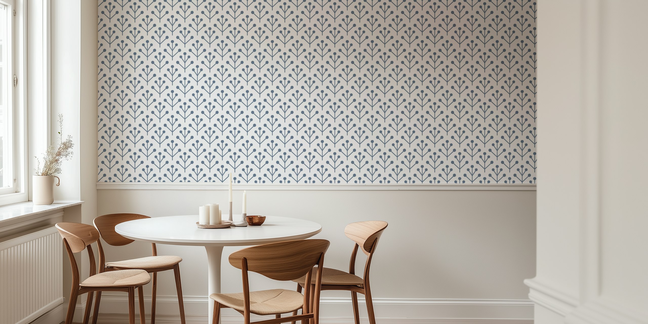 Berry twig pattern in light grey and blue colors, Scandi style wallpaper