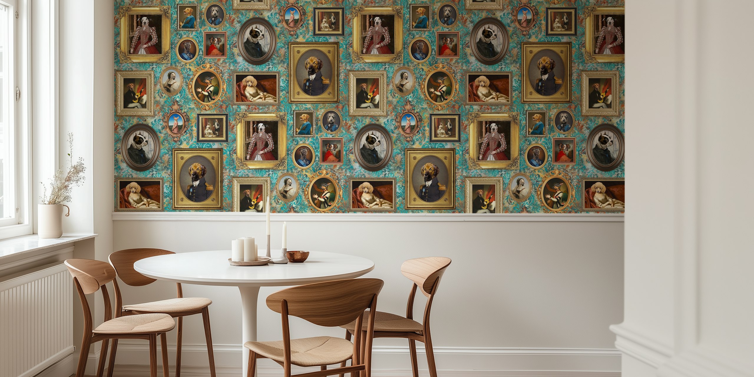 Elegant wall mural of assorted dog portraits in ornate frames on a viridian background
