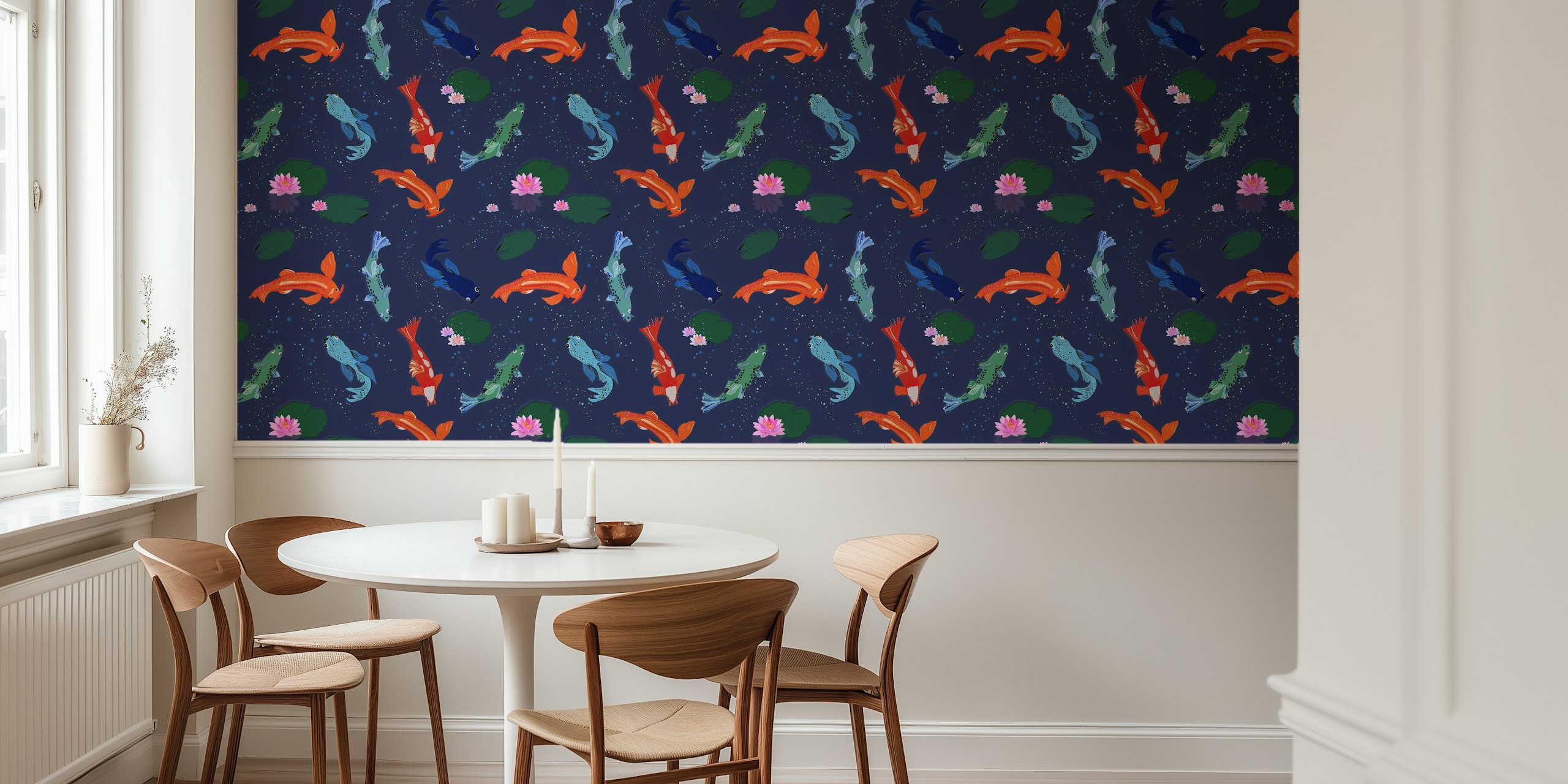 Colorful koi fish and water lilies on dark blue wallpaper