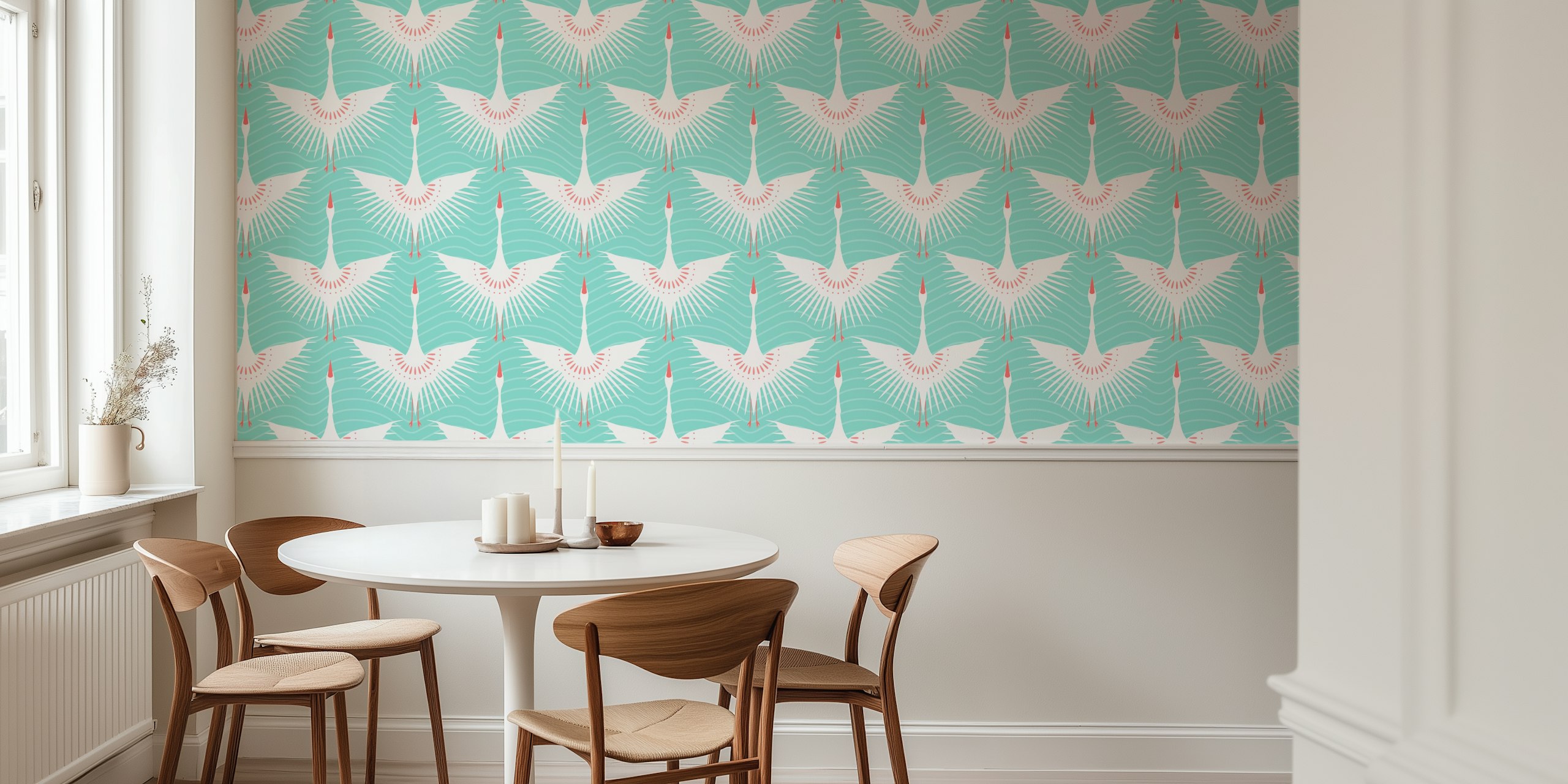 Flying Cranes Wallpaper Design in una stanza