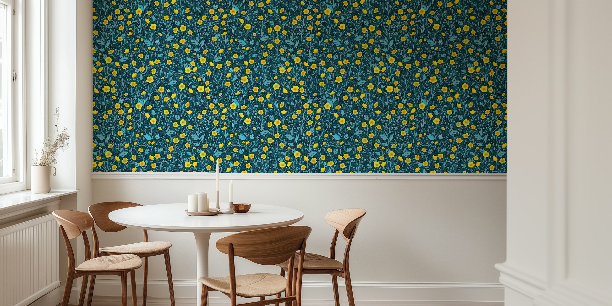 Yellow buttercup flowers against a blue background floral wallpaper