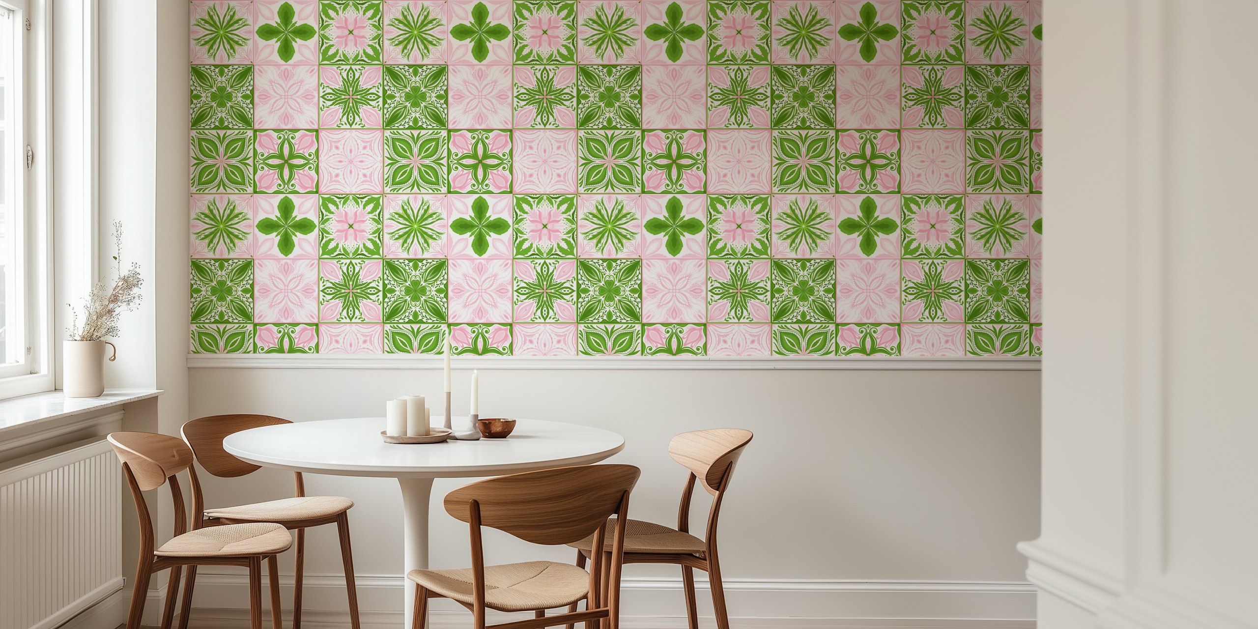 Ornate tiles in pink and green papier peint