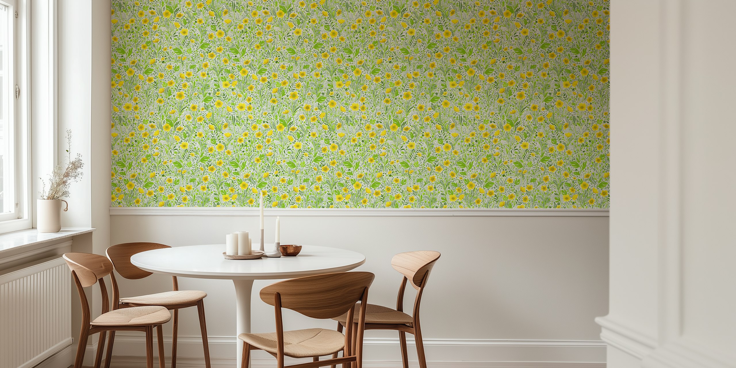 Yellow floral pattern with green leaves wallpaper