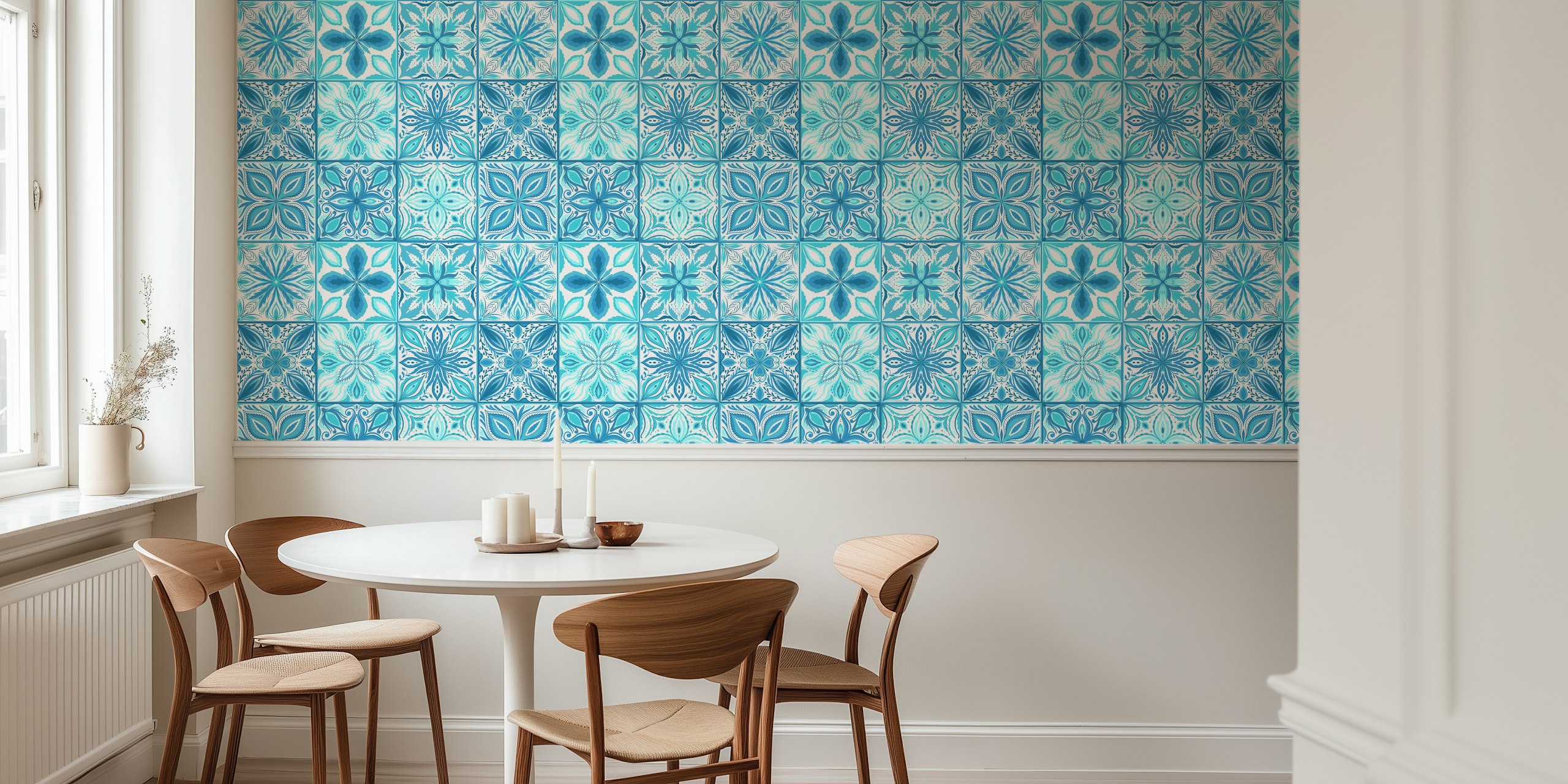 Ornate blue and white tile wallpaper in a room
