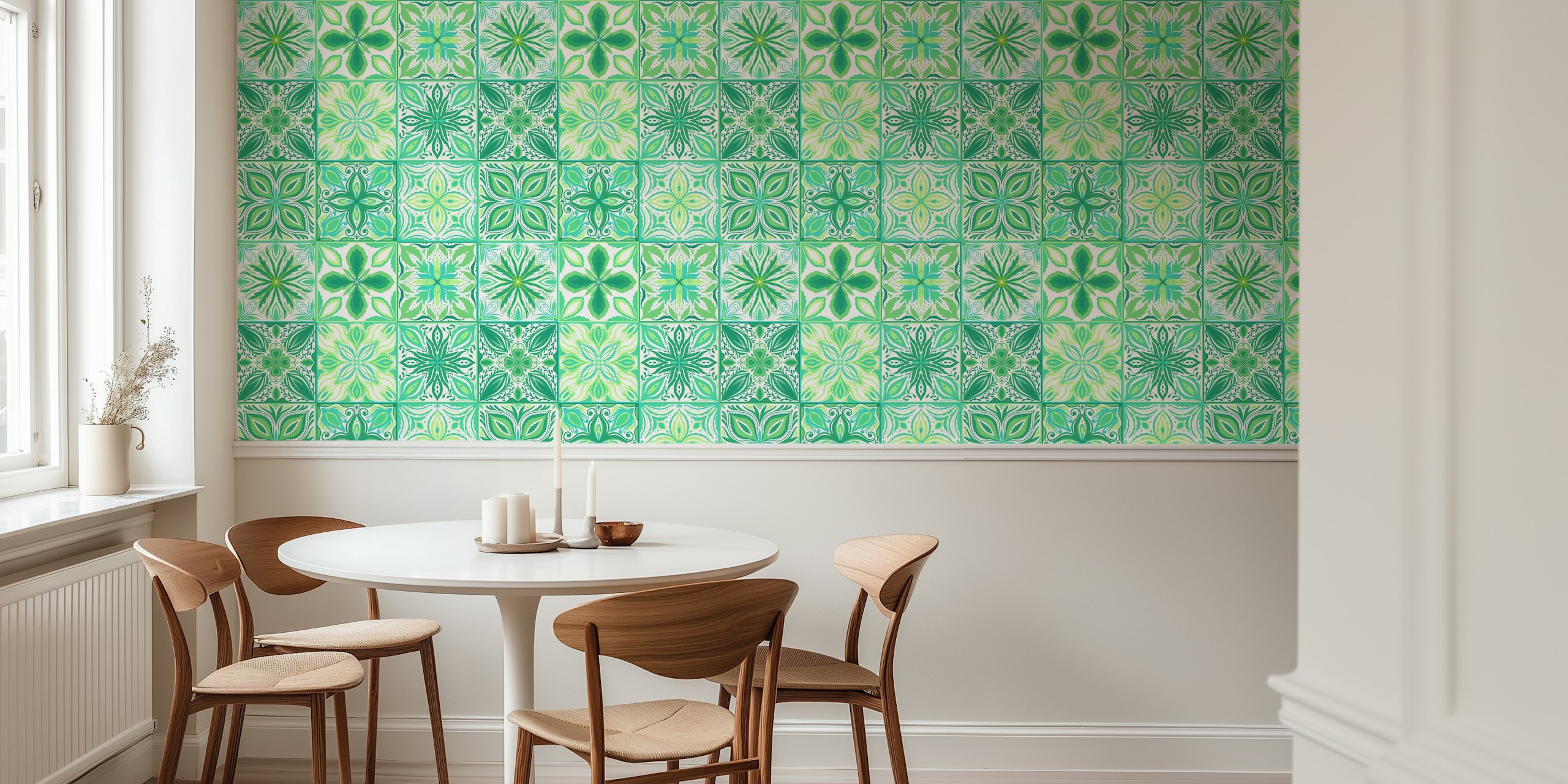 Decorazione murale decorata con motivi di piastrelle verdi e bianche