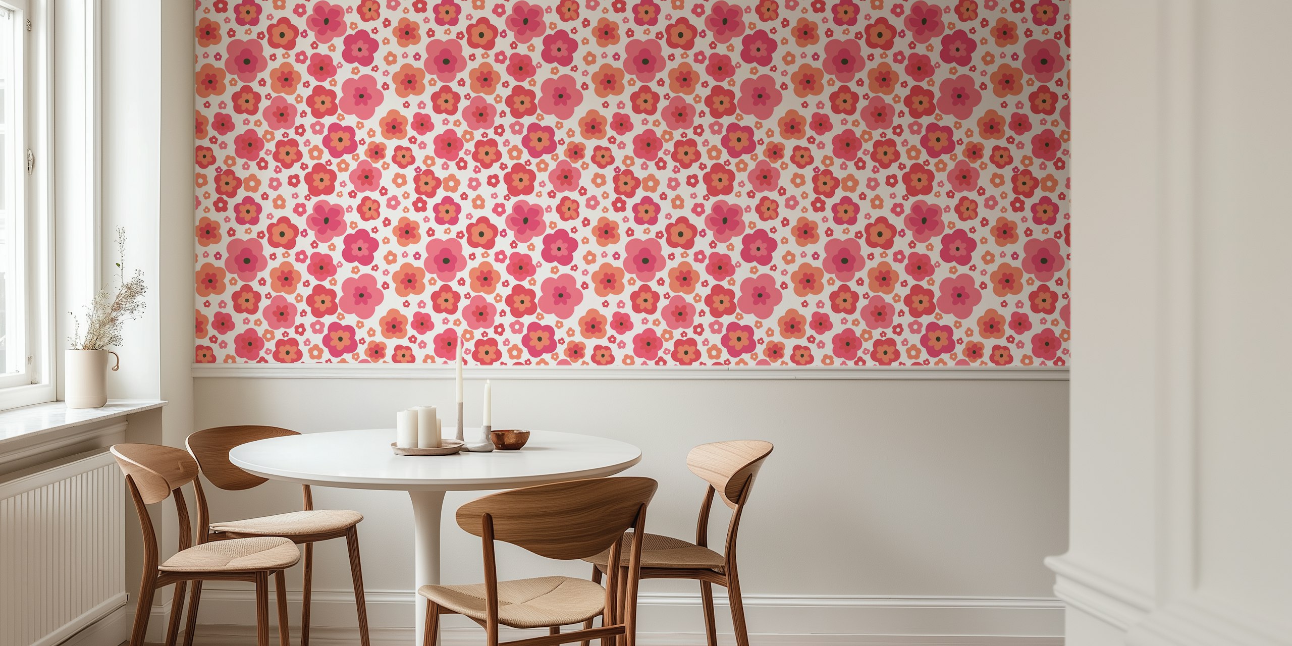 Colorful pink and red flower pattern wallpaper