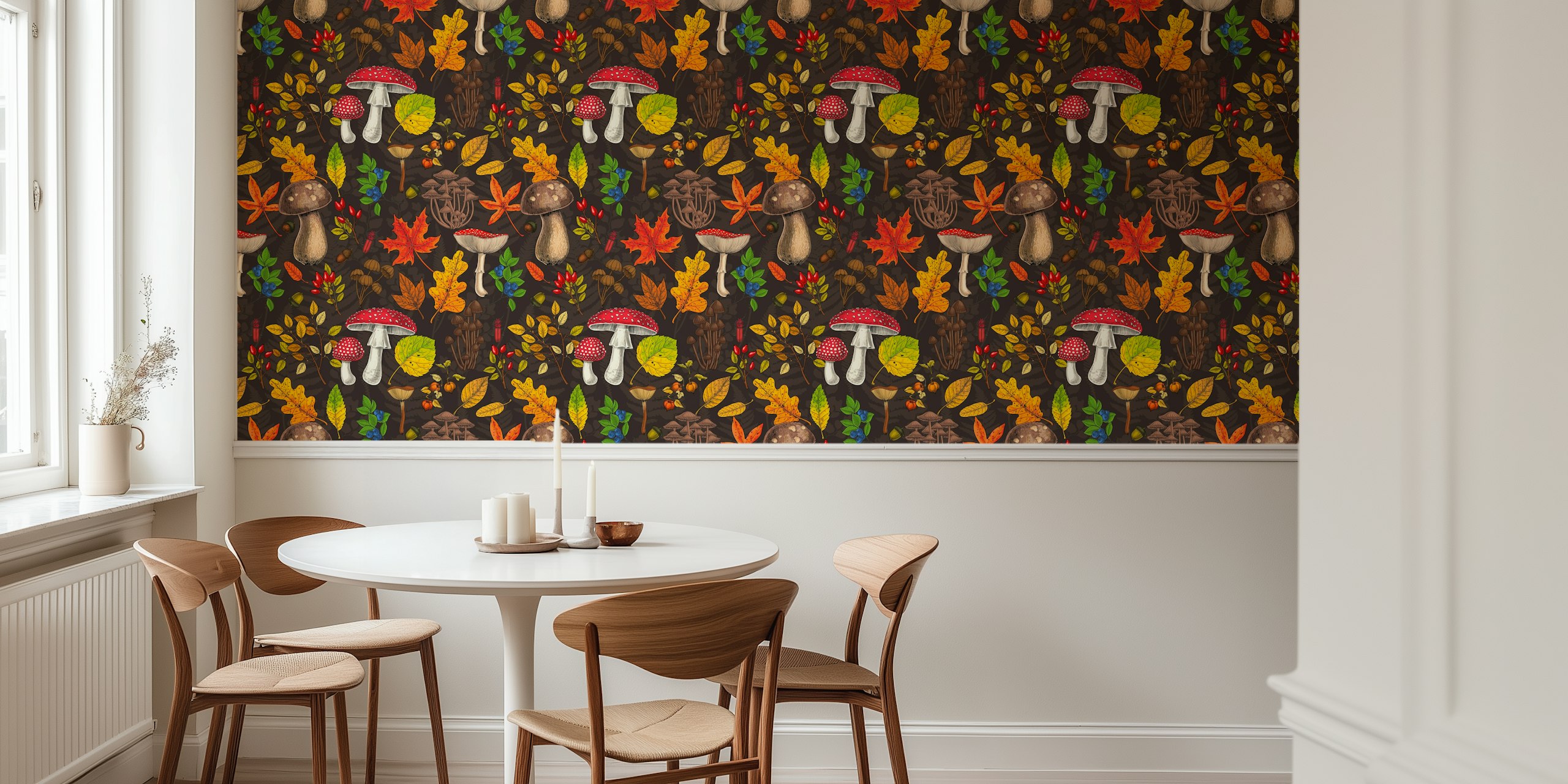 Autumn-themed wall mural with mushrooms, fallen leaves, nuts, and berries on a dark brown background