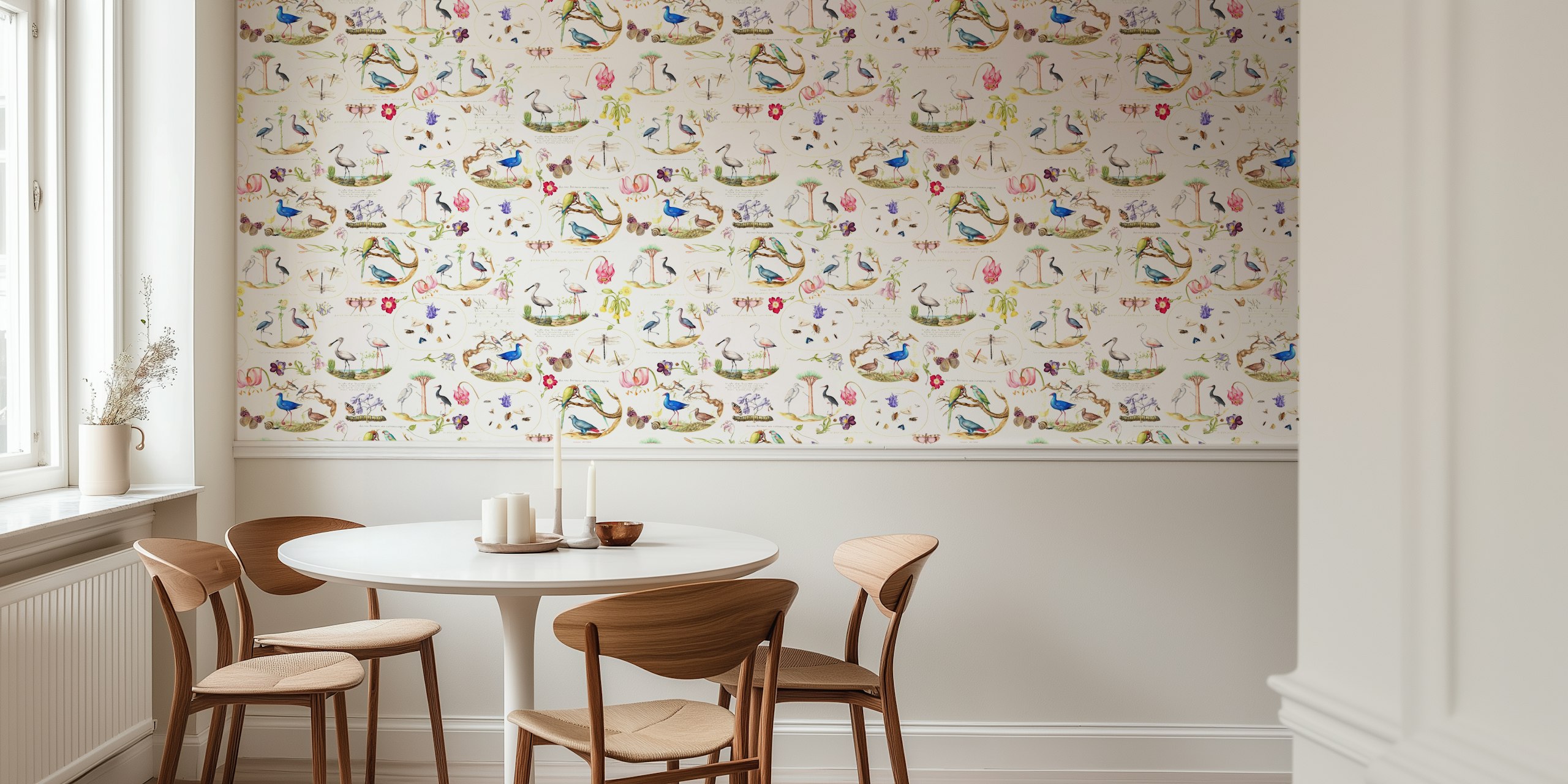Papel de parede botânico antigo com flores e pássaros