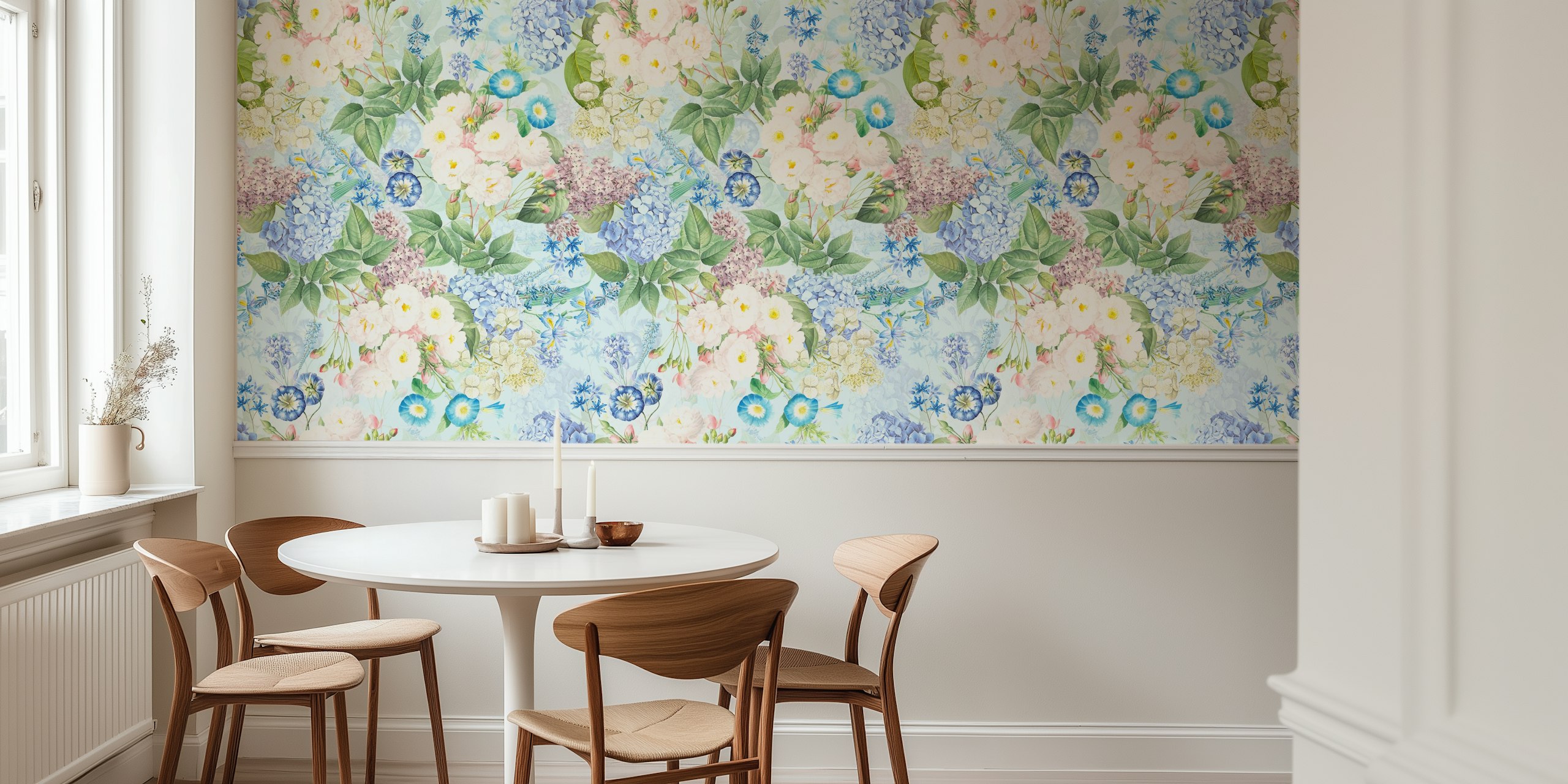 Blue vintage rose garden wall mural with blooming flowers and lush greenery