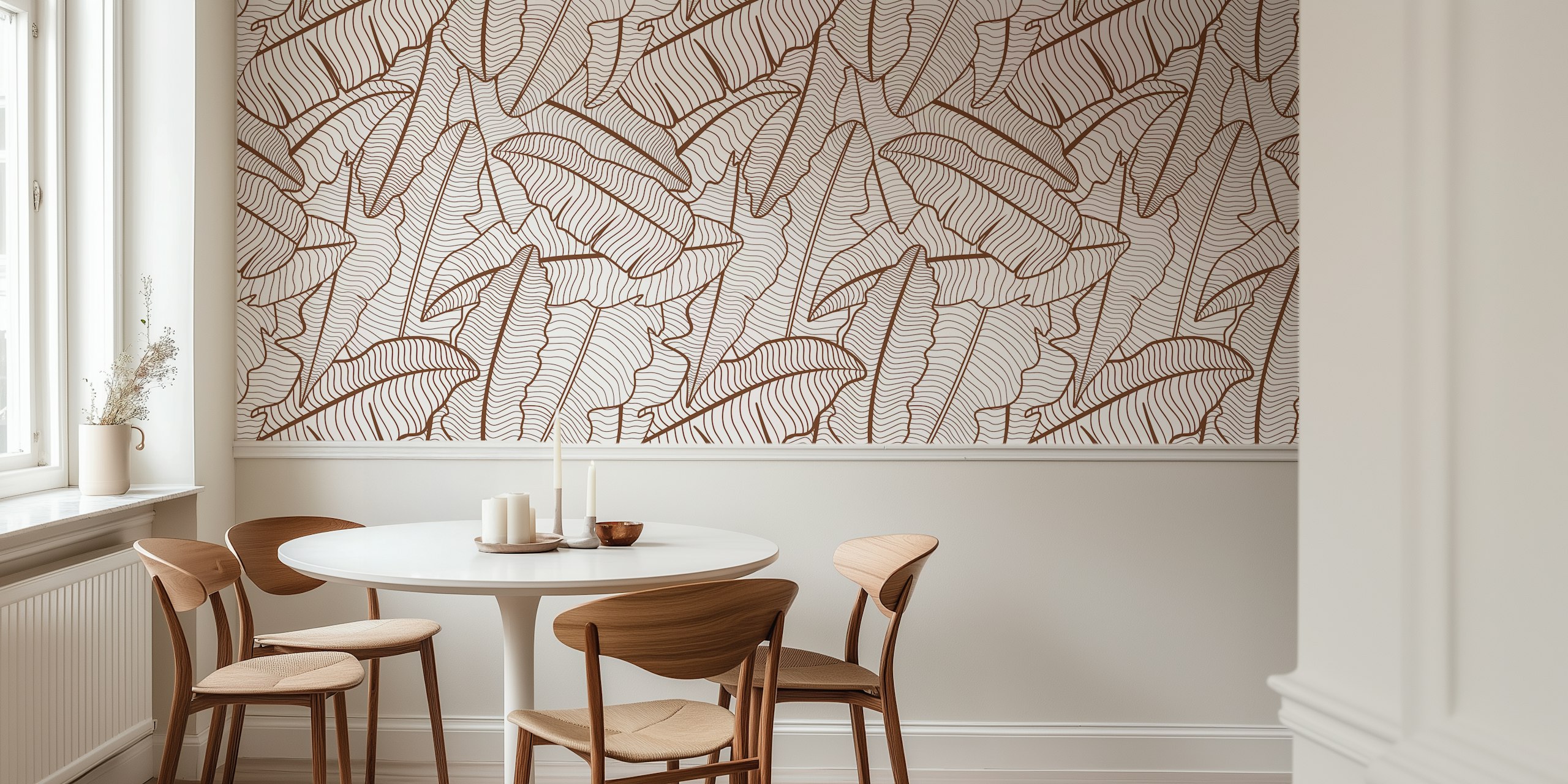 Cinnamon brown banana leaves line art wallpaper