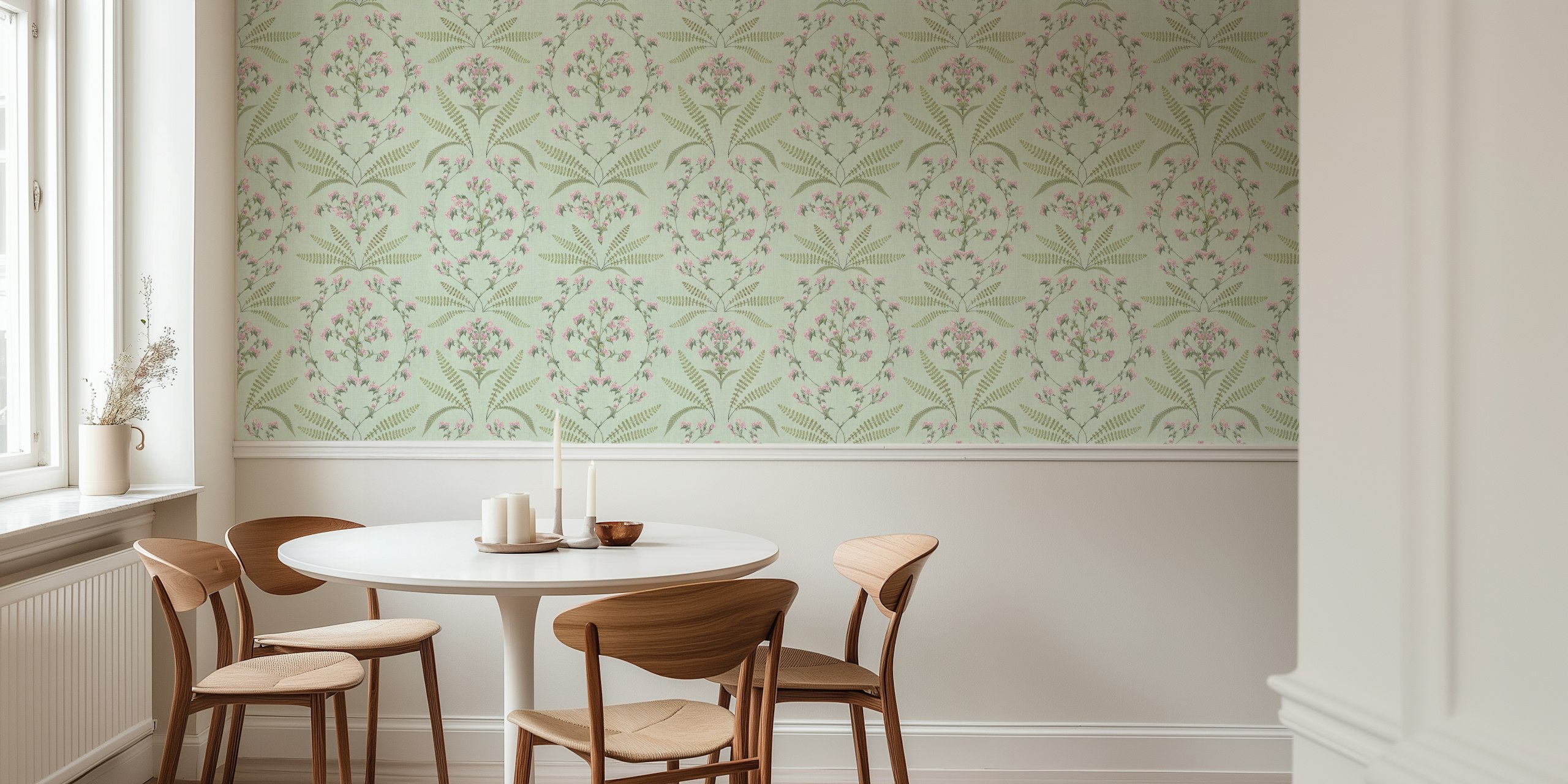 Pastel teal floral damask wallpaper i et rum