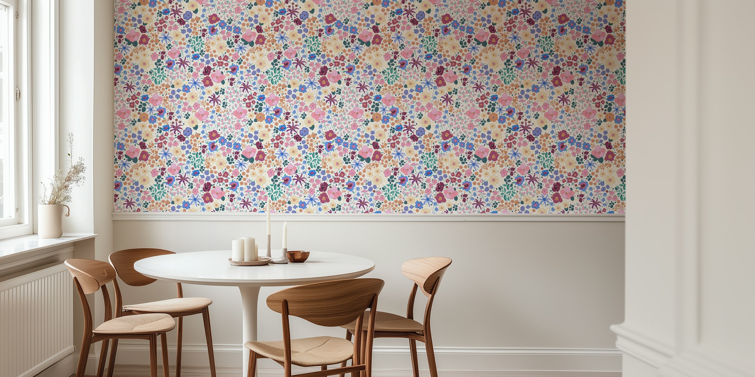 Ditsy Colorful White floral wall mural with a variety of small flowers in pastel shades