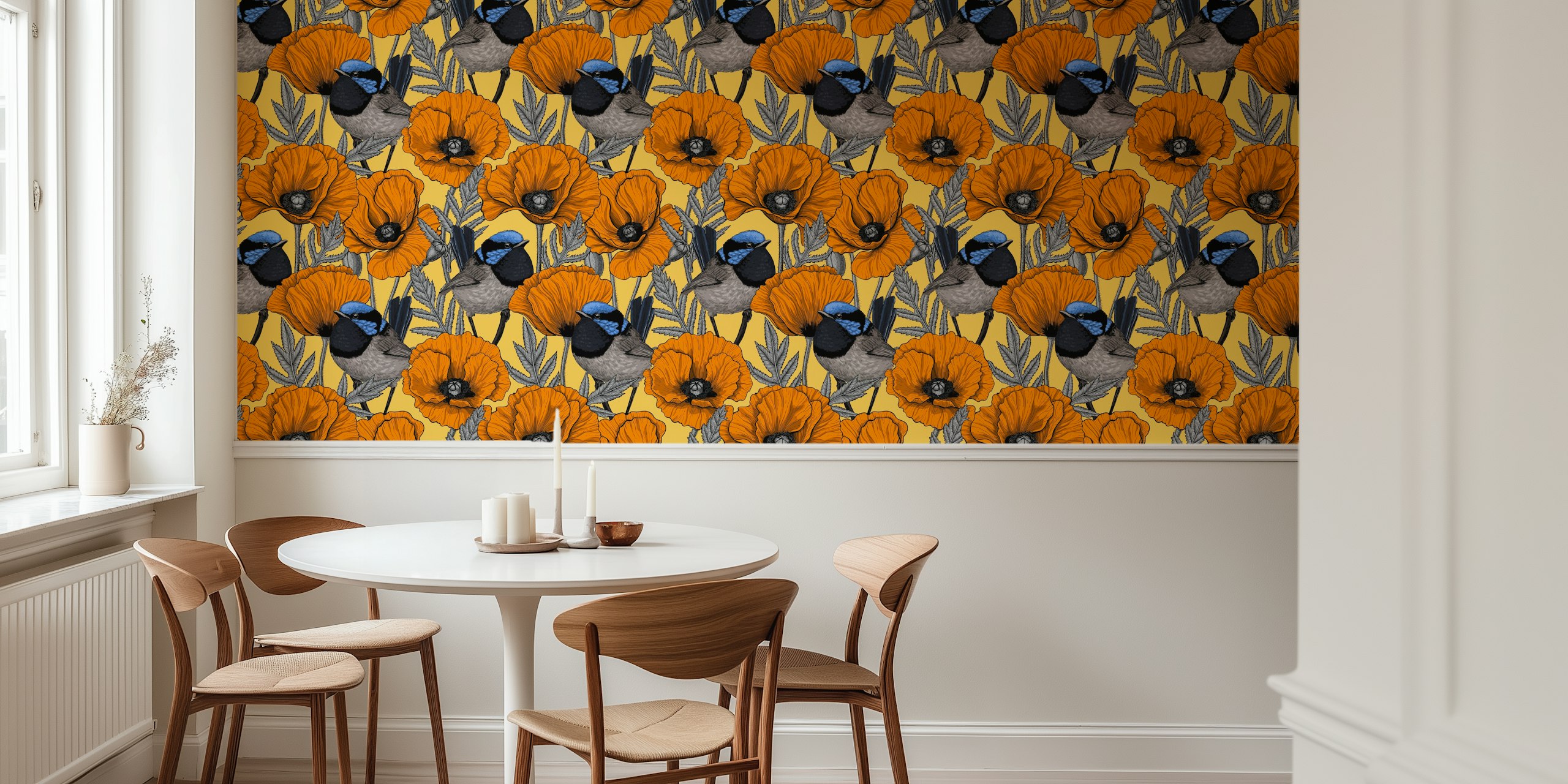Orange poppies and fairy wrens on pastel yellow wallpaper