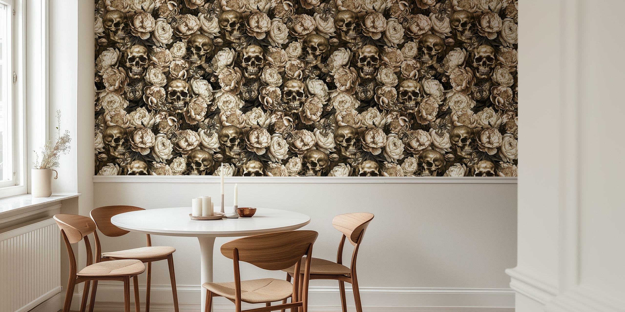 Dark-themed wall mural with baroque floral patterns and gothic skulls from happywall.com