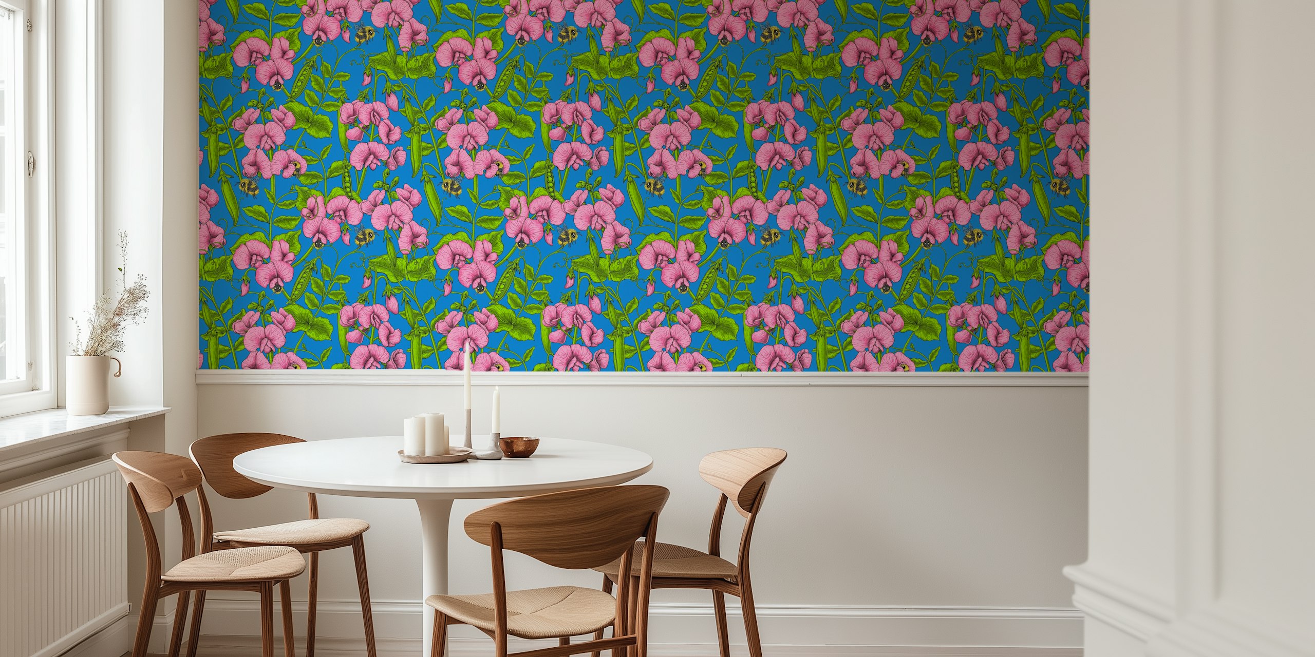 Pink sweet peas and bumblebees on bright blue wallpaper