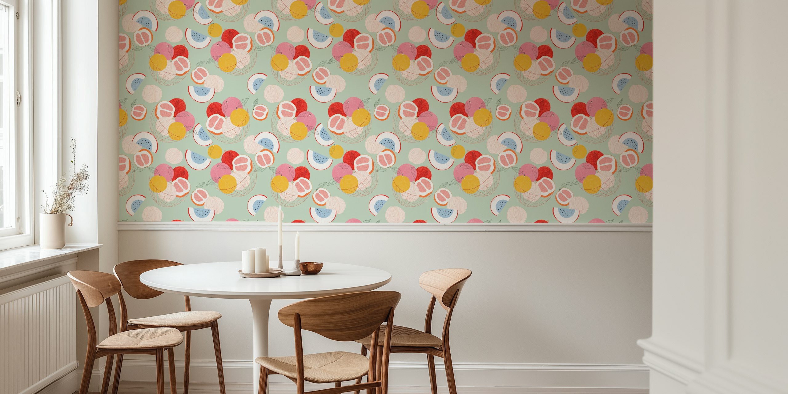 Hand-painted style fruits illustration on pastel background wall mural