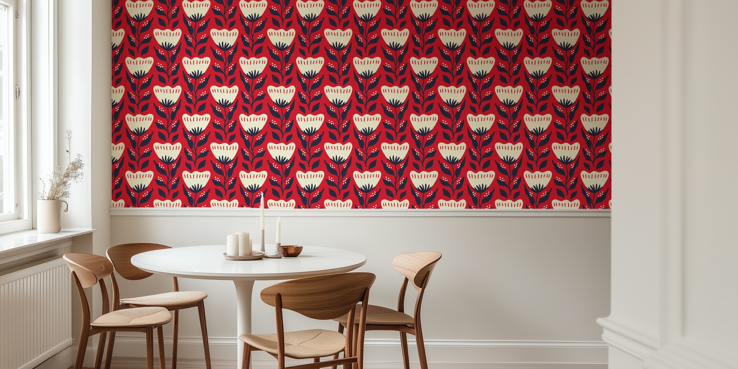 Folk flower pattern with red background and cream flowers wallpaper