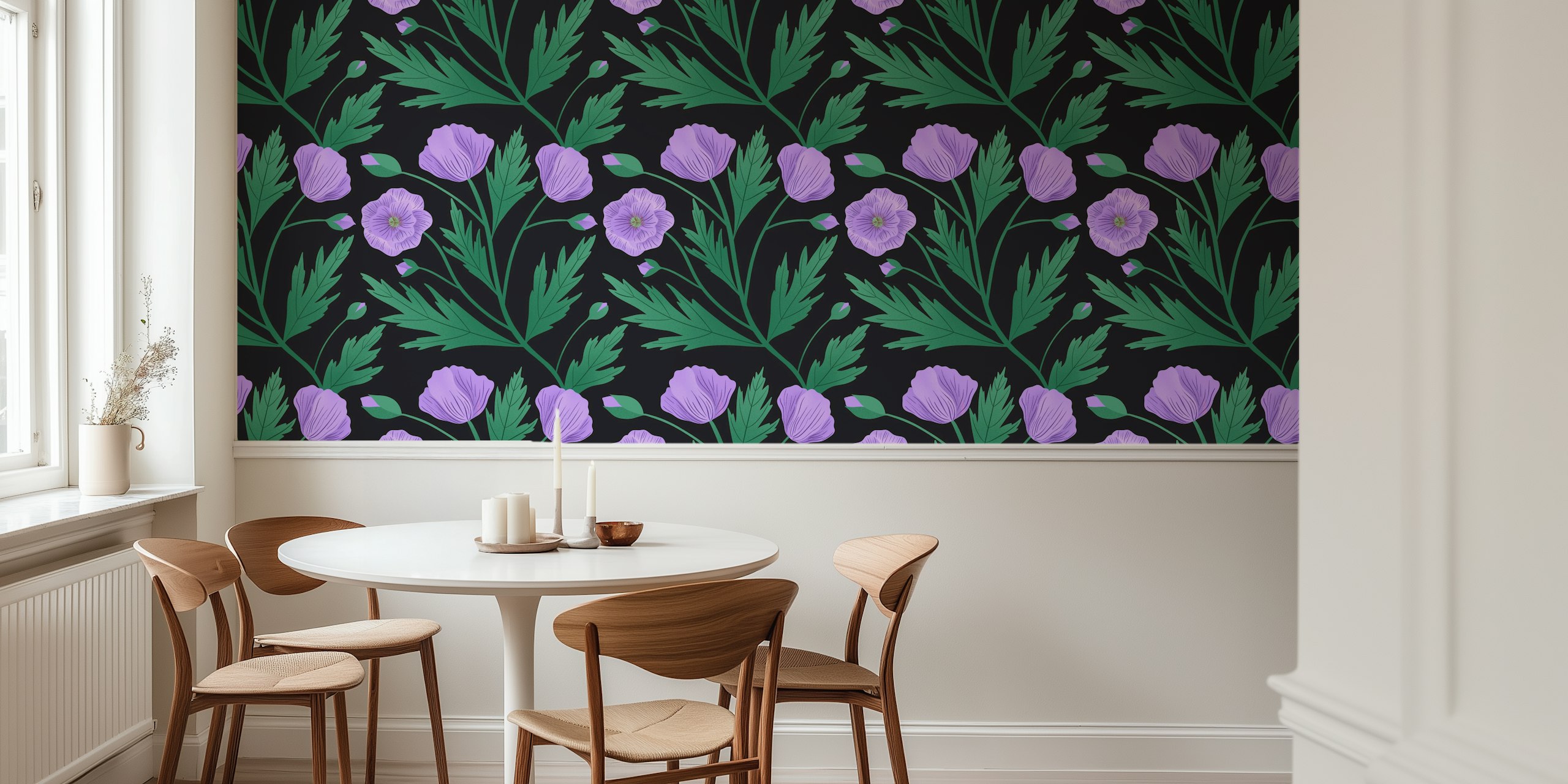 Purple poppies and green leaves on black wallpaper