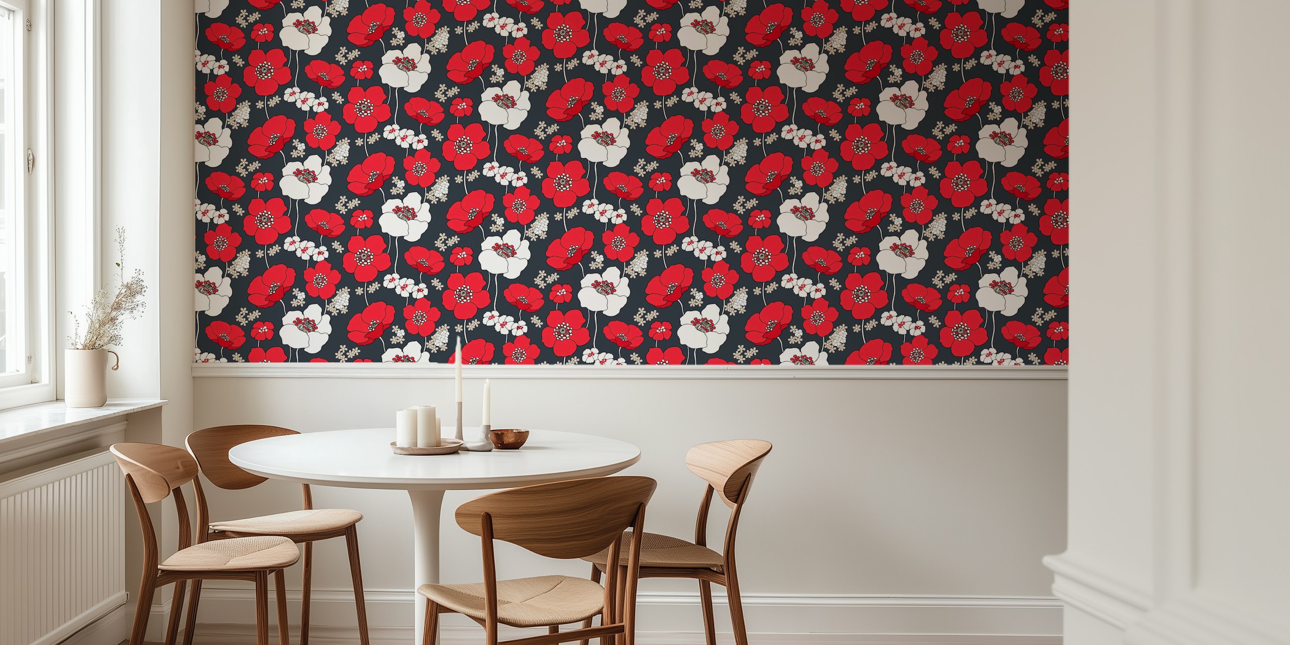 Red poppies and white flowers on dark background wallpaper