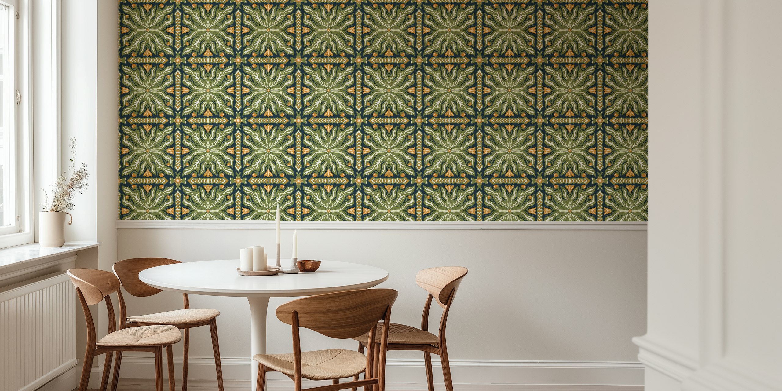 Green symmetrical garden pattern wall mural with intricate nature-inspired designs and gold accents.