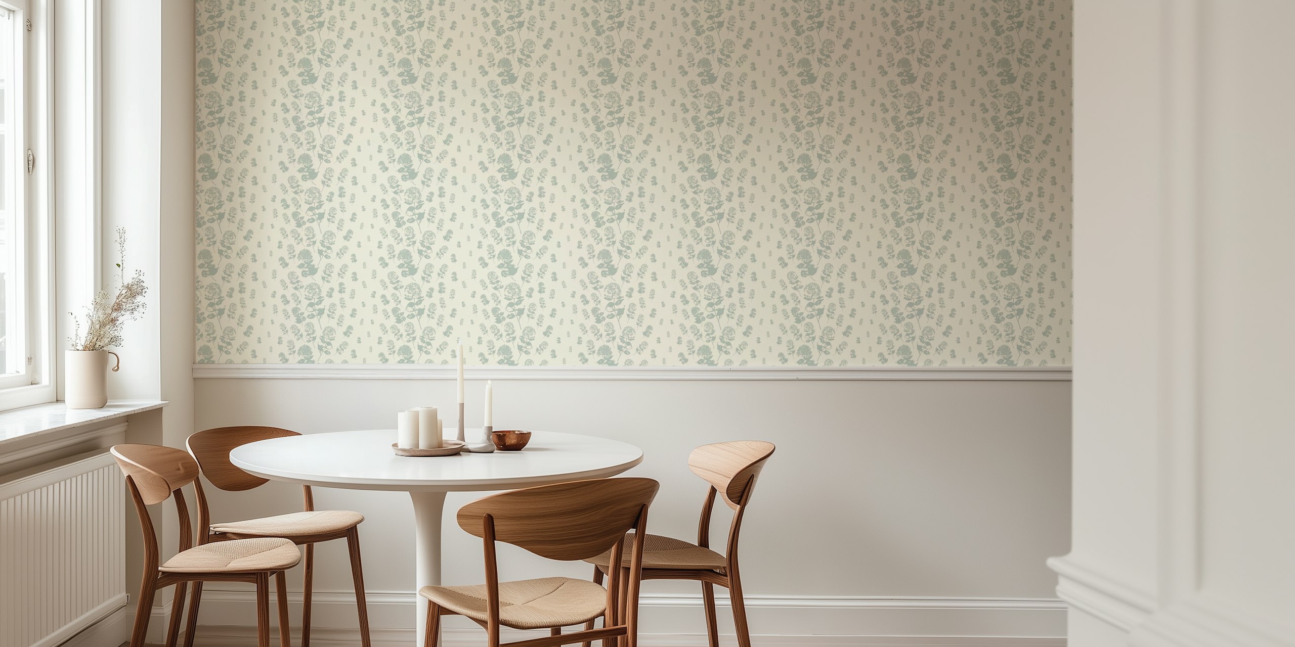 Floral pattern of hydrangeas in cream and gray wallpaper