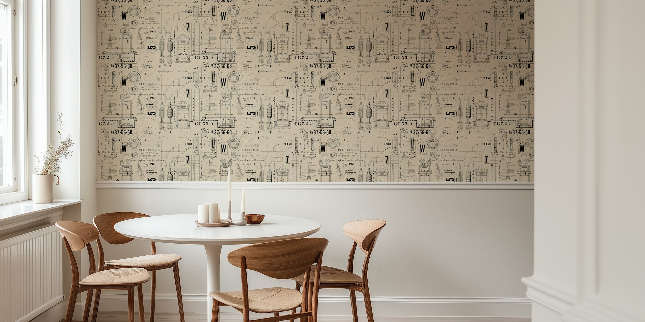 Vintage technische blauwdruk muurschildering met beige achtergrond en zwarte details
