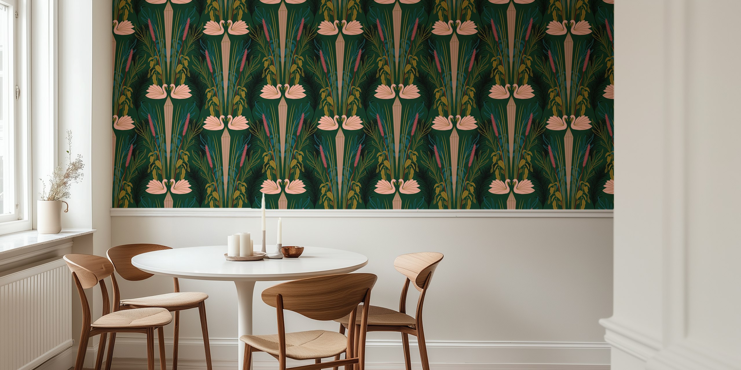 Elegant Pink Swans and Botanicals Wallpaper