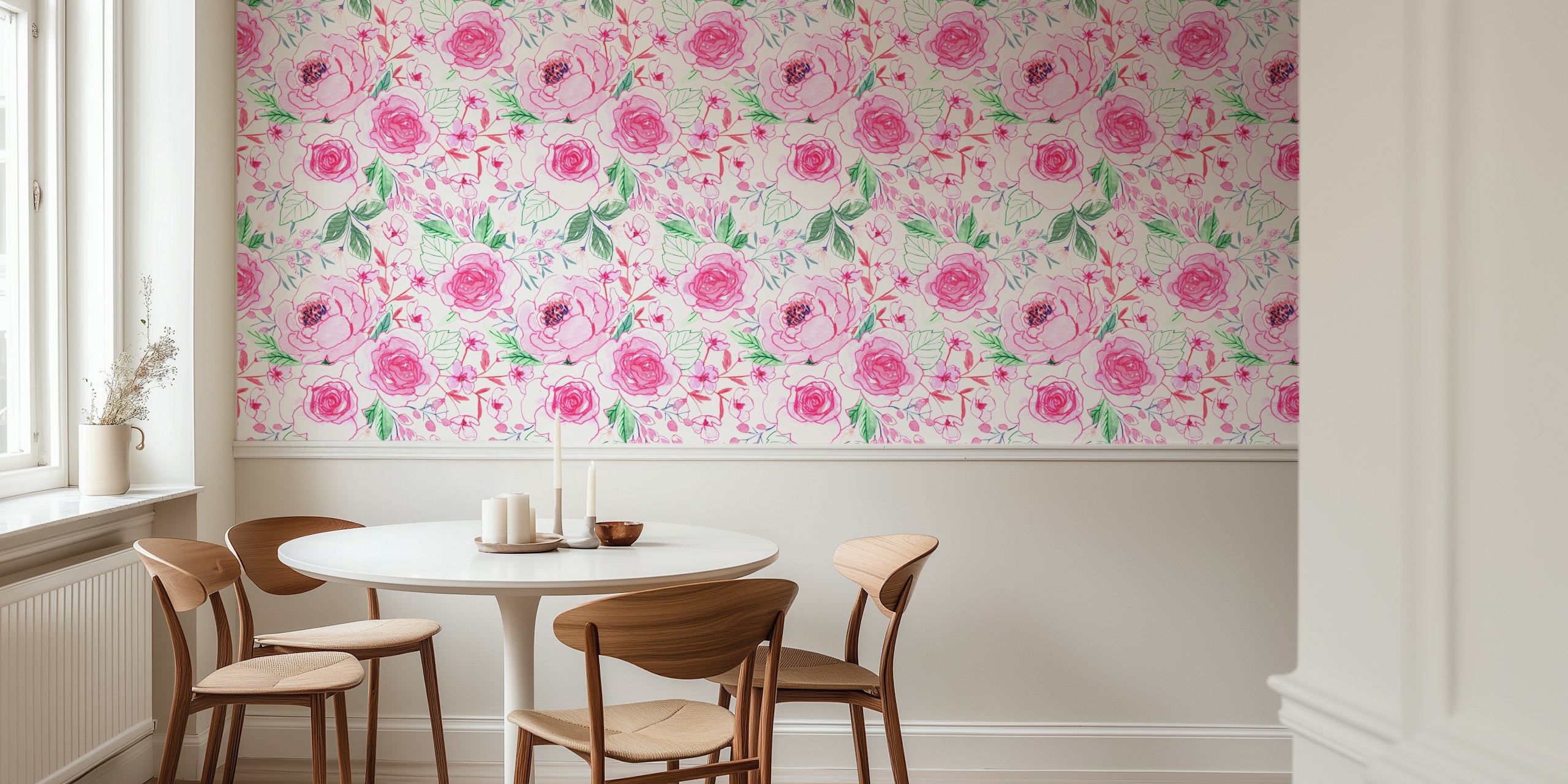 Elegante murale floreale ad acquerello rosa e verde