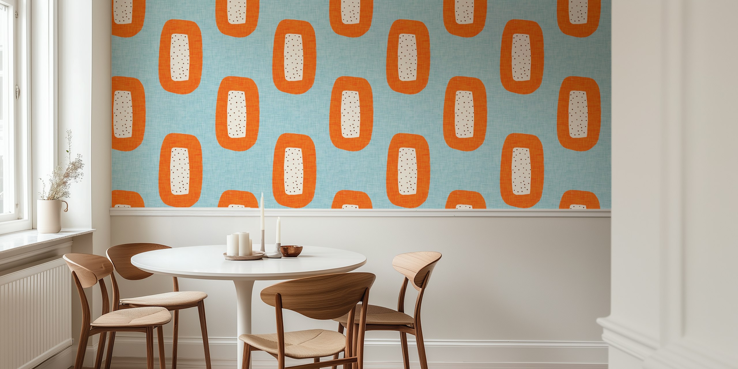 Geometric blue and orange shapes with polka dots wallpaper