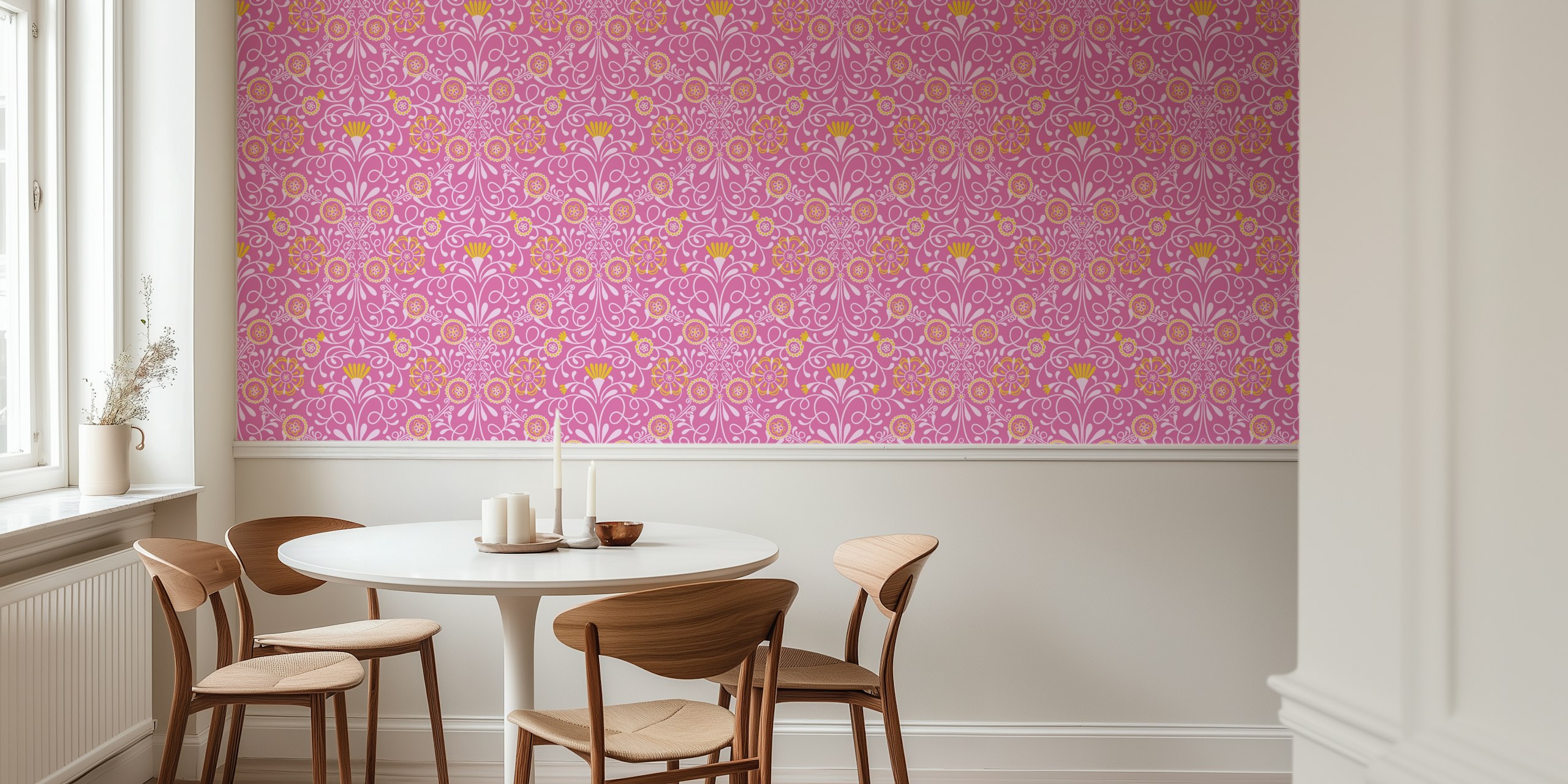 Tuscan Tile veggmaleri i rosa og gult med intrikate mønstre