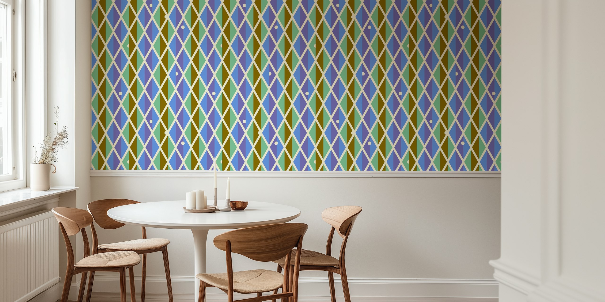 Harlequin pattern in periwinkle, mint, moss colors retro wallpaper
