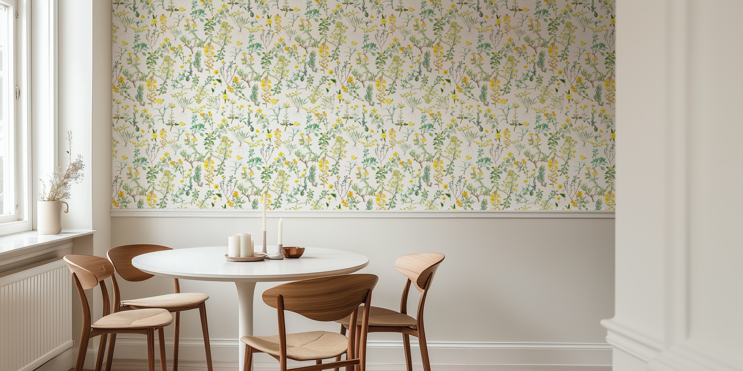 Padrão amarelo de flores silvestres e ervas no papel de parede representando uma cena de floresta de outono vintage