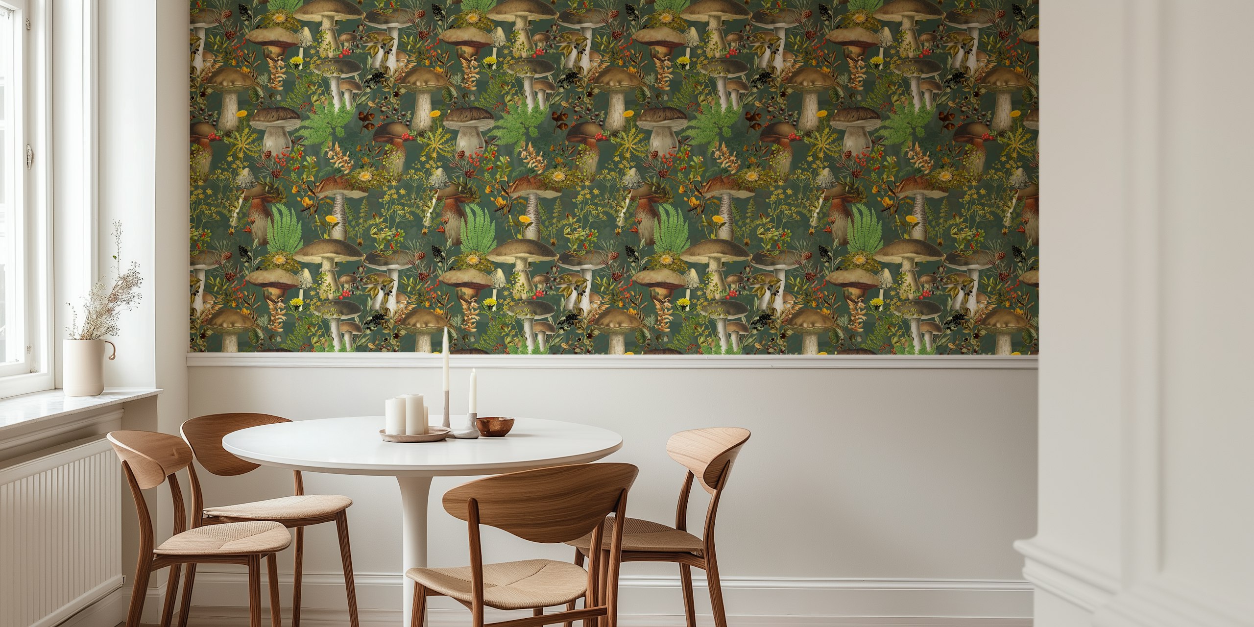 Motifs de champignons et feuillages colorés sur fond vert wallpaper
