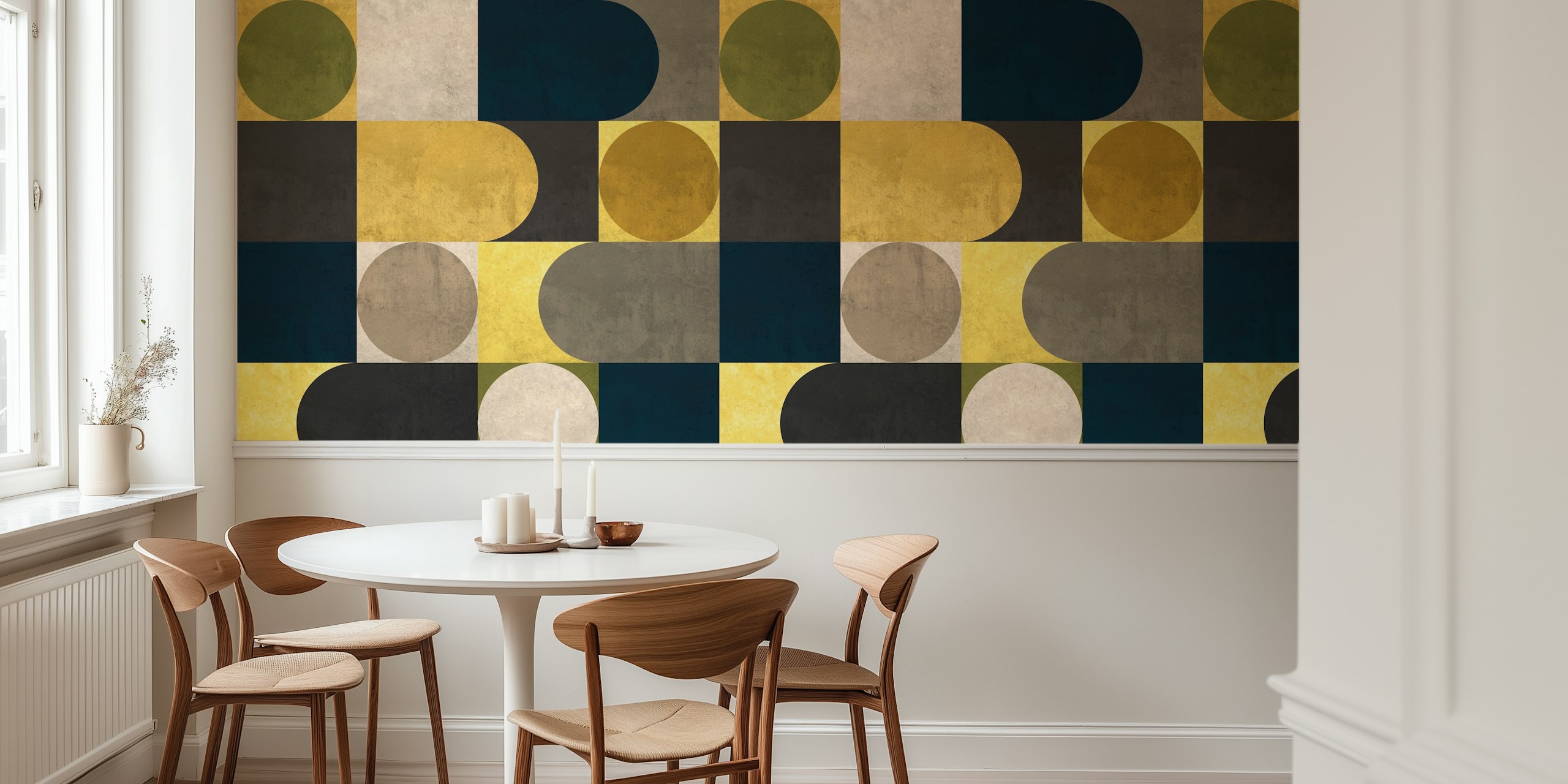 Geometric vintage wallpaper design in a room