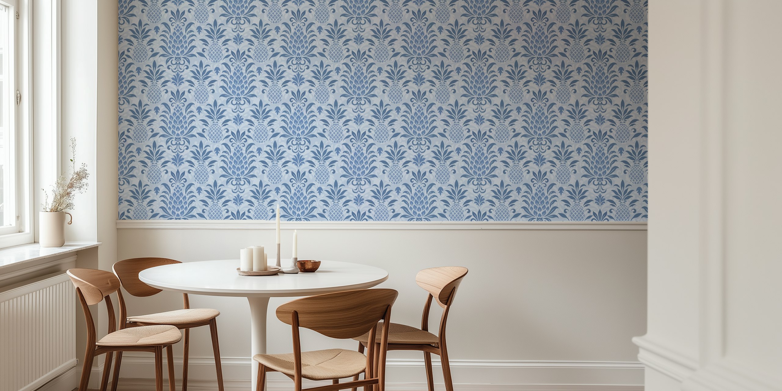 Design de papel de parede damasco de abacaxi azul índigo