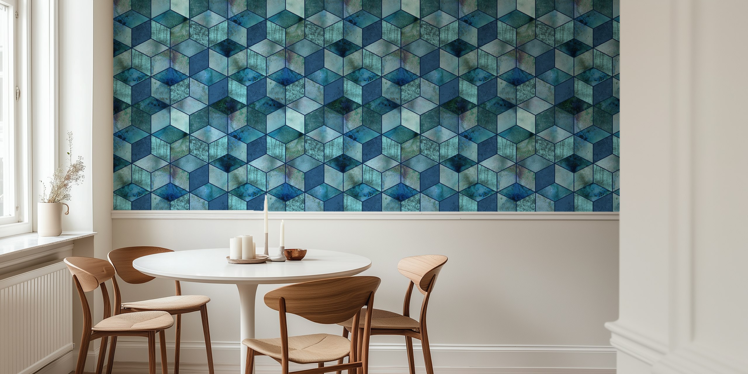 Geometric honeycomb pattern in shades of blue wallpaper