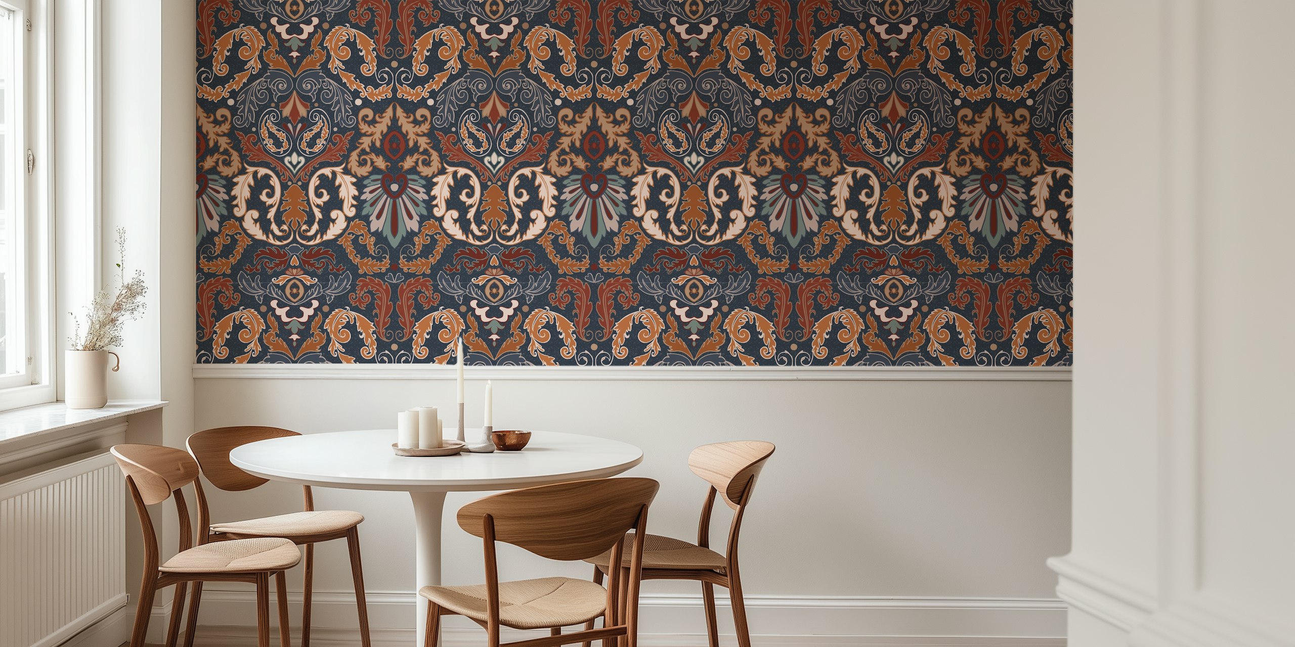 Motifs damassés acanthes et paisley bleu, orange et rouge papier peint