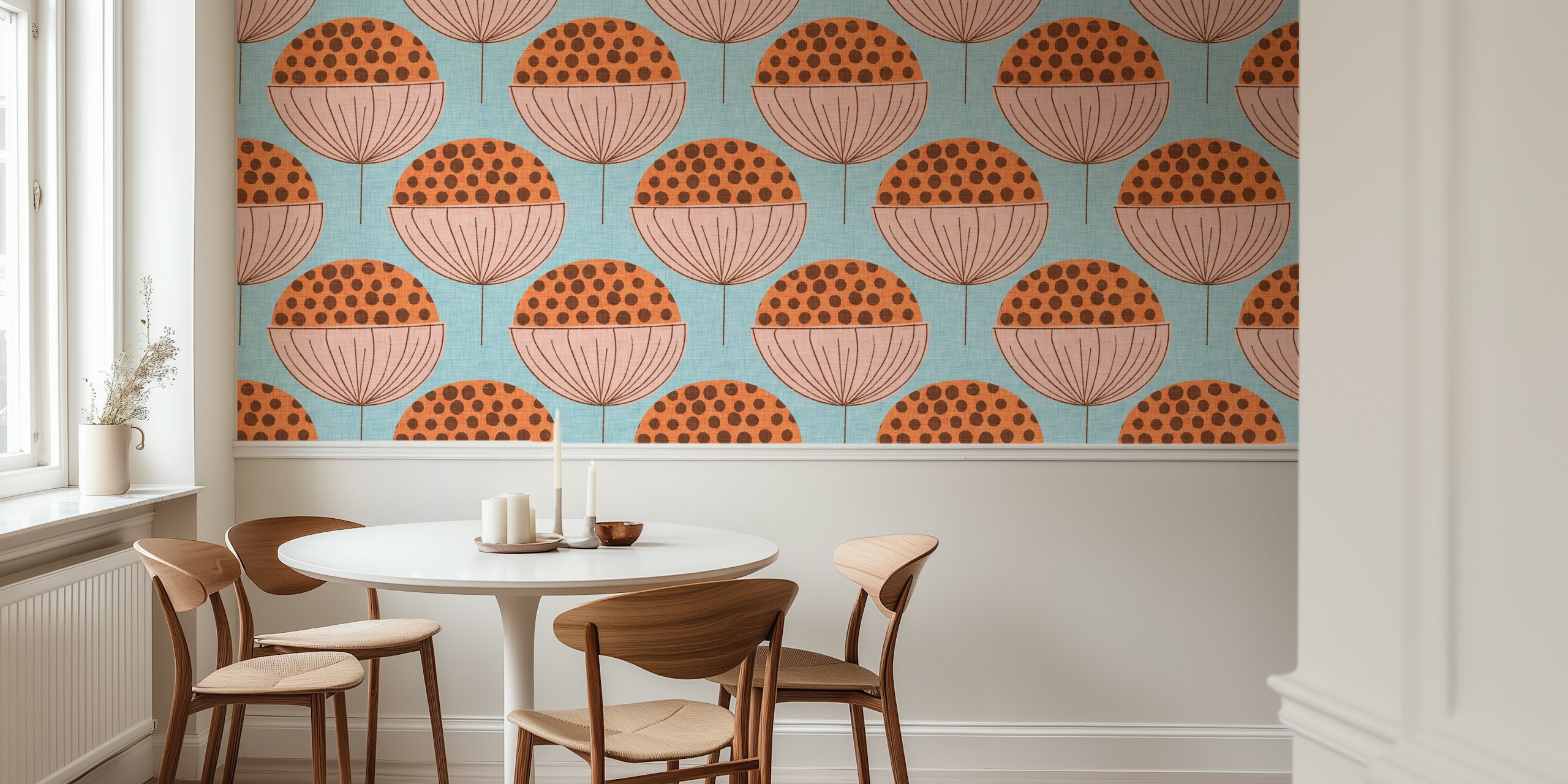 Design de papel de parede Mid Mod Buds Blue em um quarto