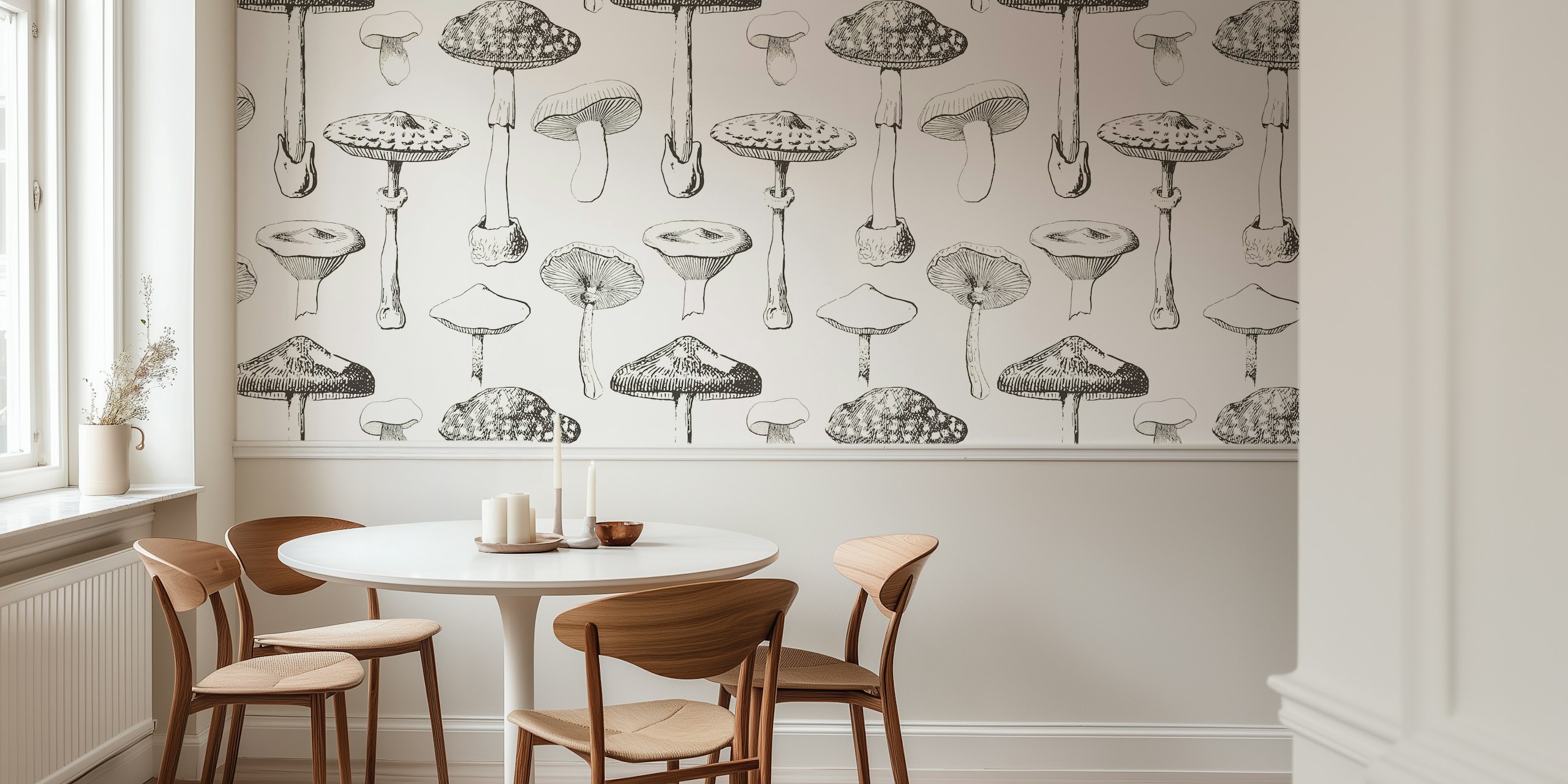 Black mushroom illustrations on a cream background wallpaper