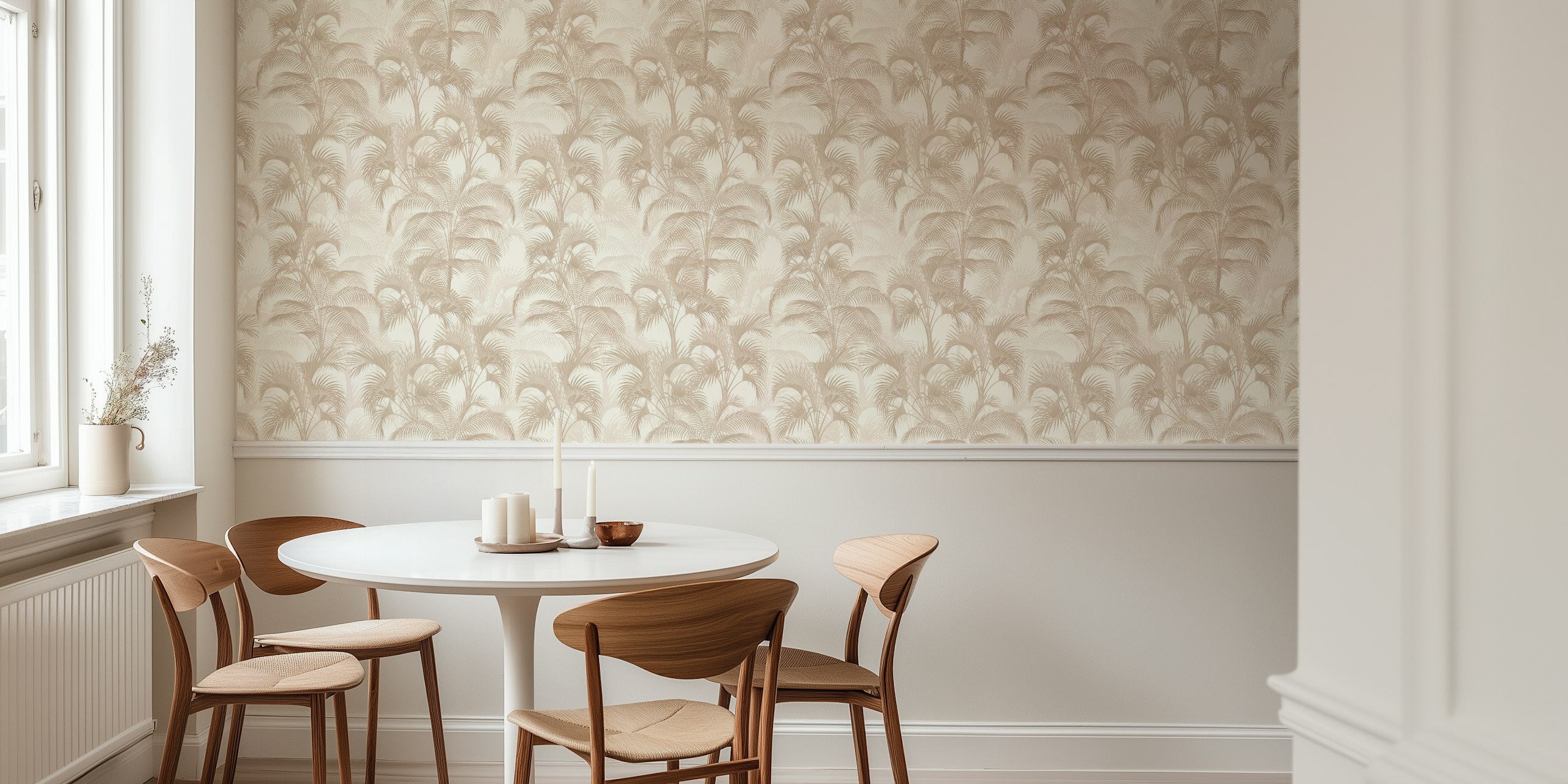 Padrão de folhas de palmeira tropical em um mural bege neutro