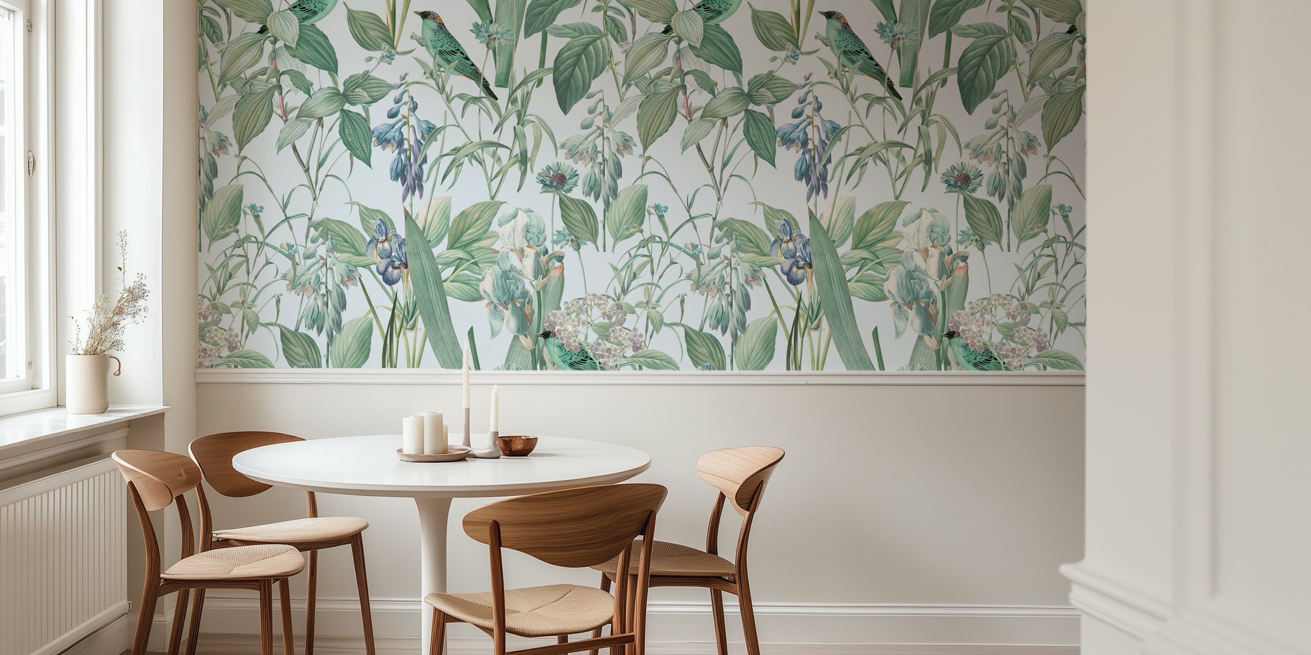 Botanical floral wallpaper featuring teal birds and green leaves