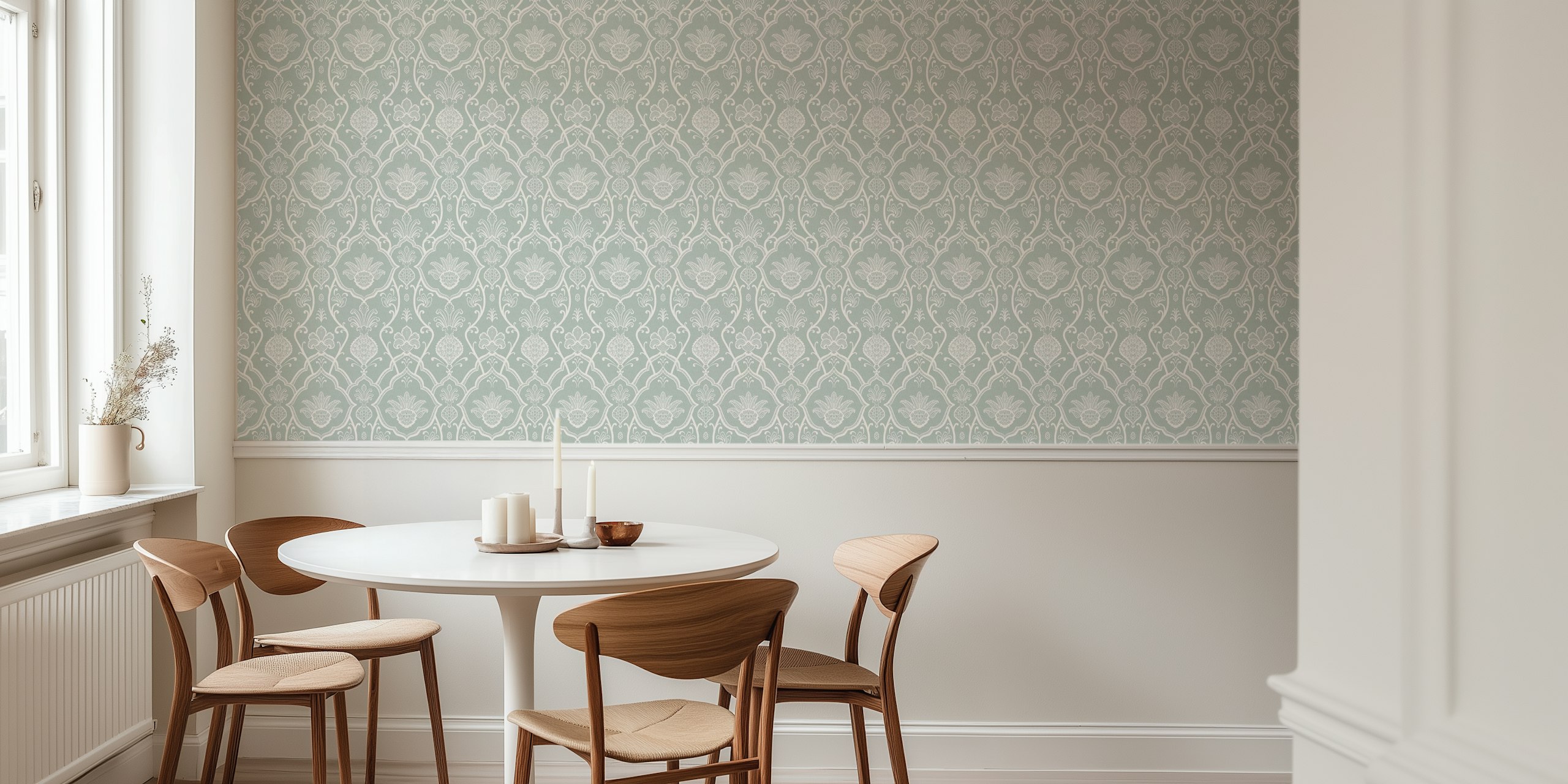 Victorian floral damask sage wallpaper in room